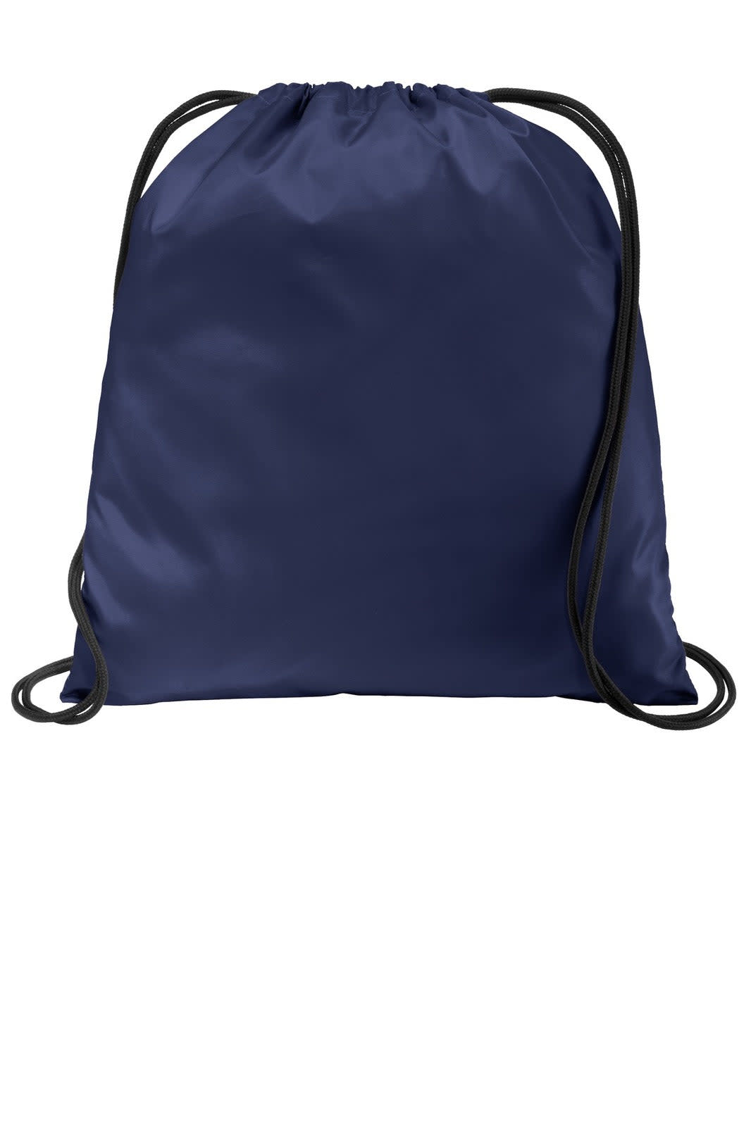 A navy drawstring bag featuring a simple design and black cords, including a logo.