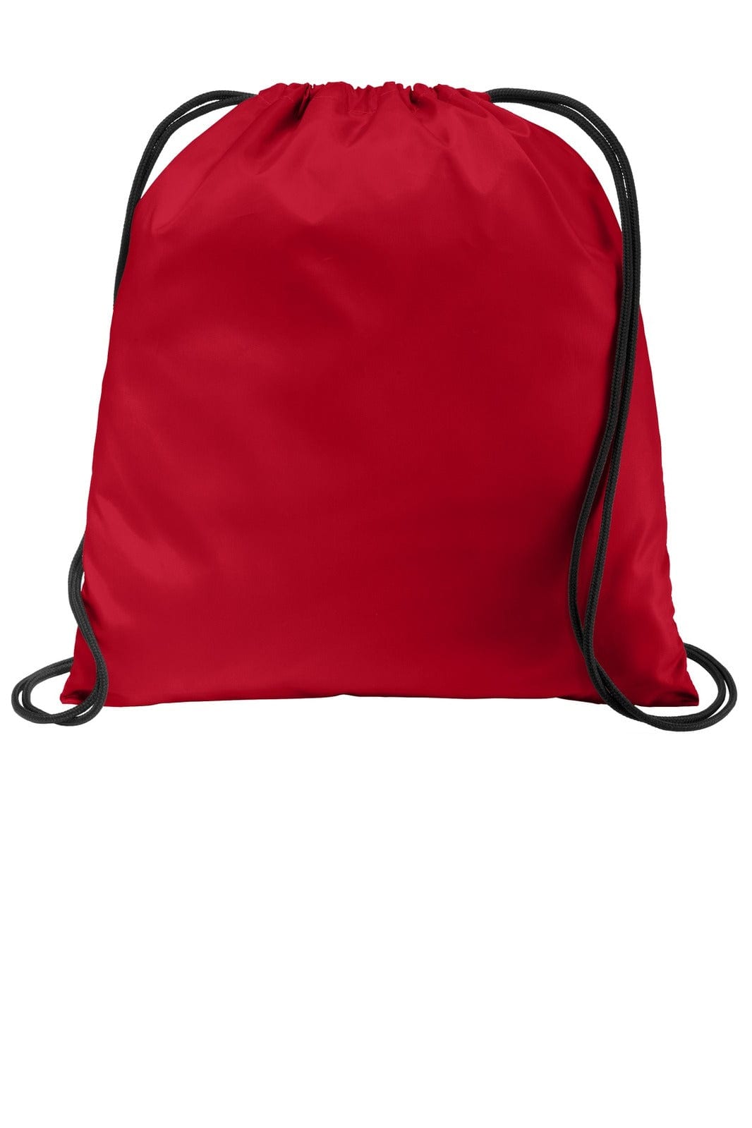 A red drawstring bag with black cords, featuring a logo on its surface.