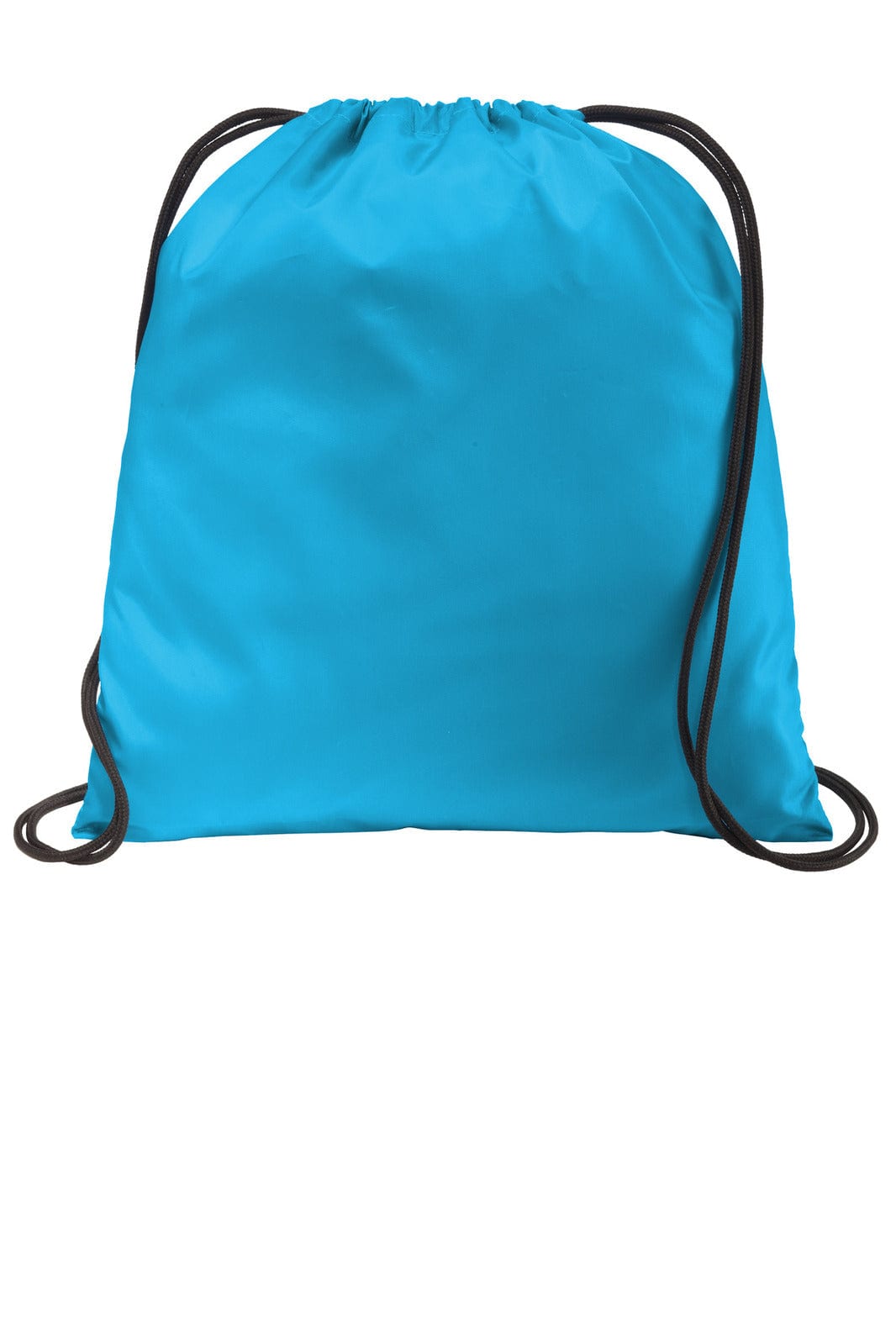 A turquoise drawstring bag with black cords and a simple design, featuring a logo.