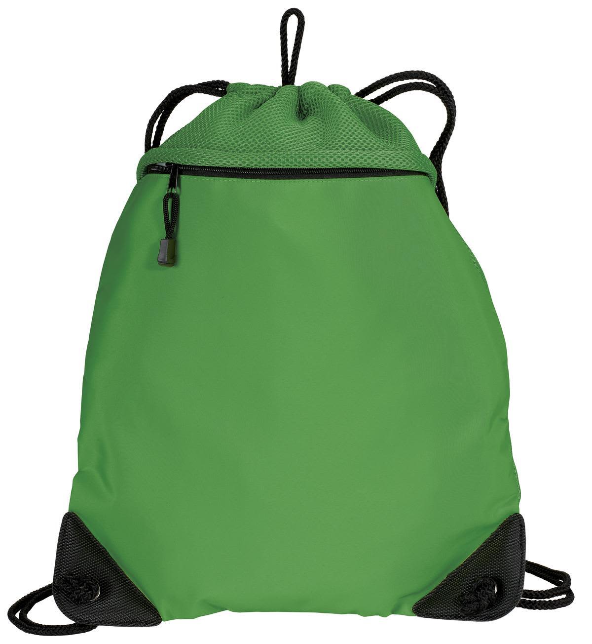 A green drawstring bag with black mesh trim and a zippered pocket at the front. Features reinforced corners.