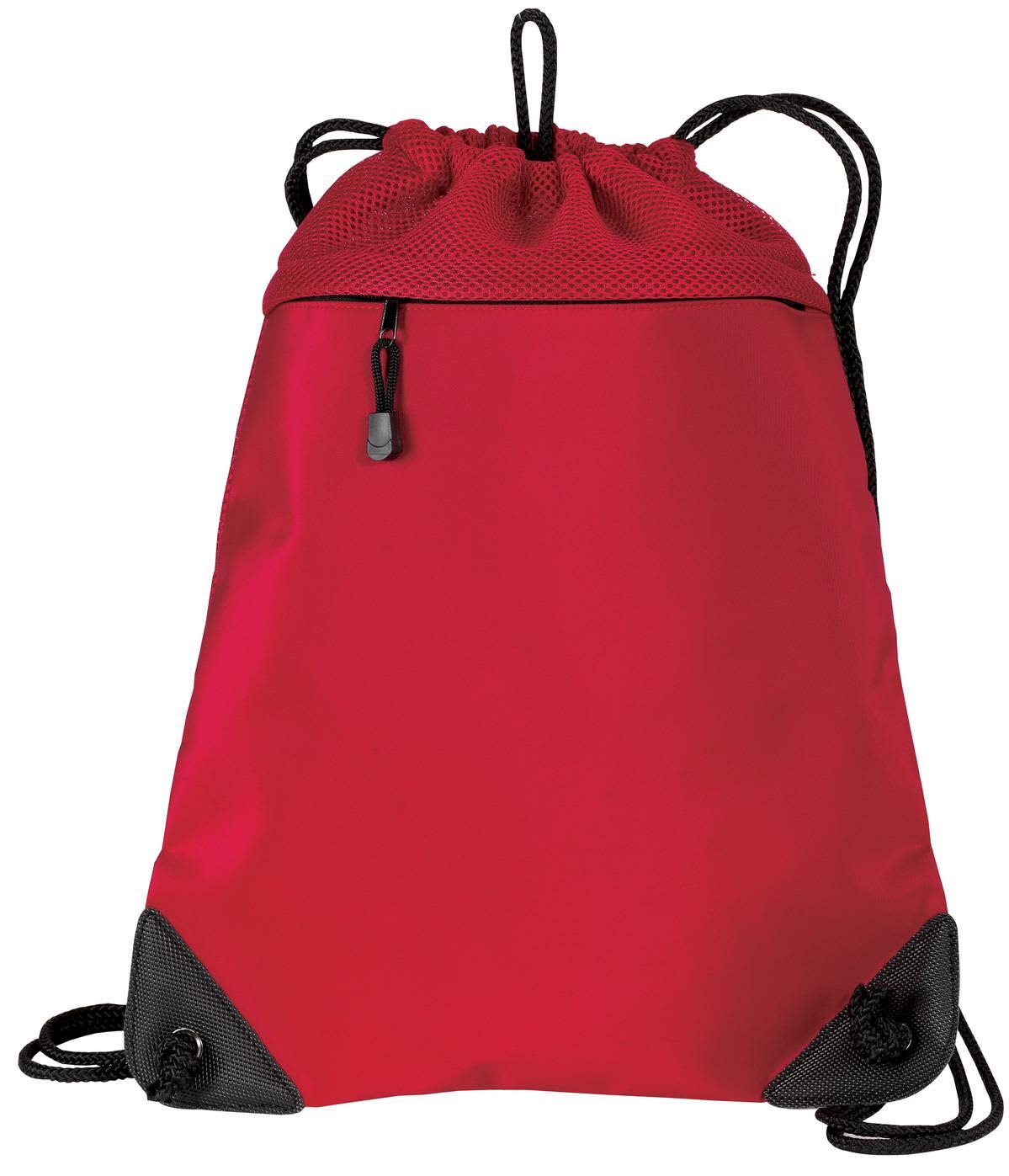 A red drawstring bag with black mesh trim and corners, featuring adjustable shoulder straps and a zippered pocket.
