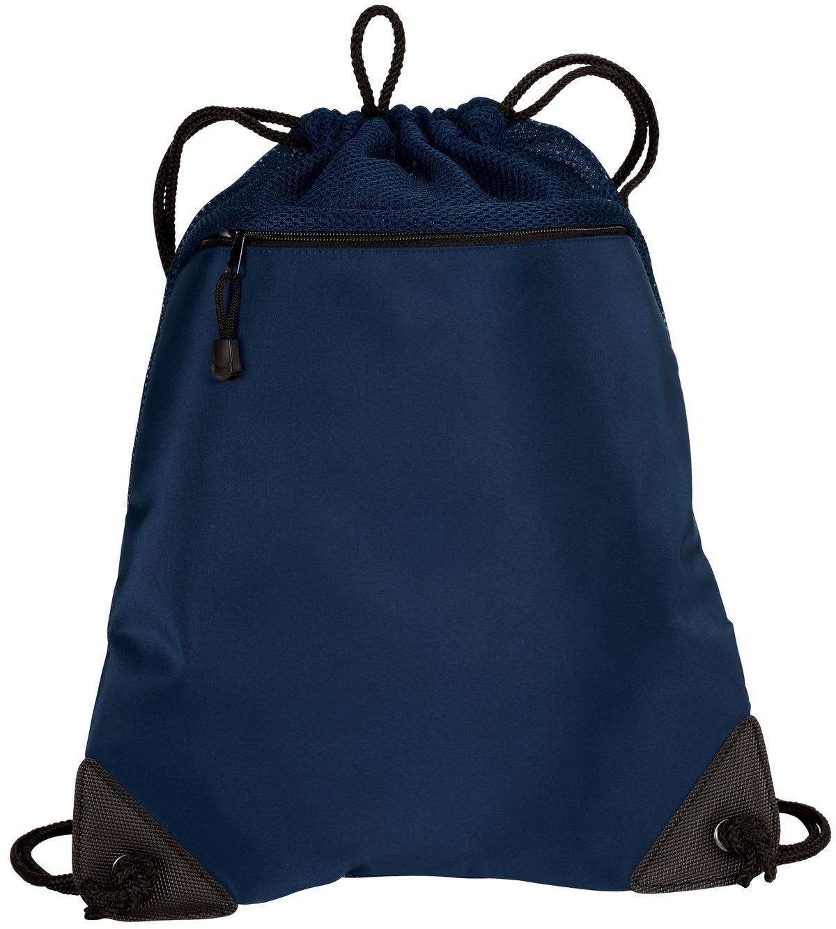 A navy drawstring bag with mesh trim and a zippered pocket. The bag features a logo on its surface.