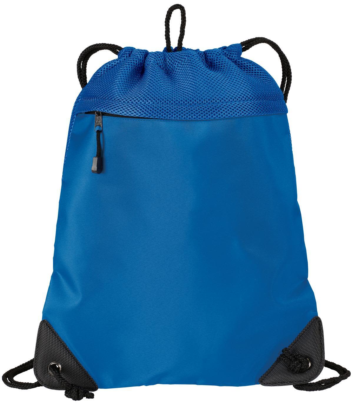 A cinch pack in vibrant blue with black mesh trim and drawstring closure, featuring a zippered pocket.