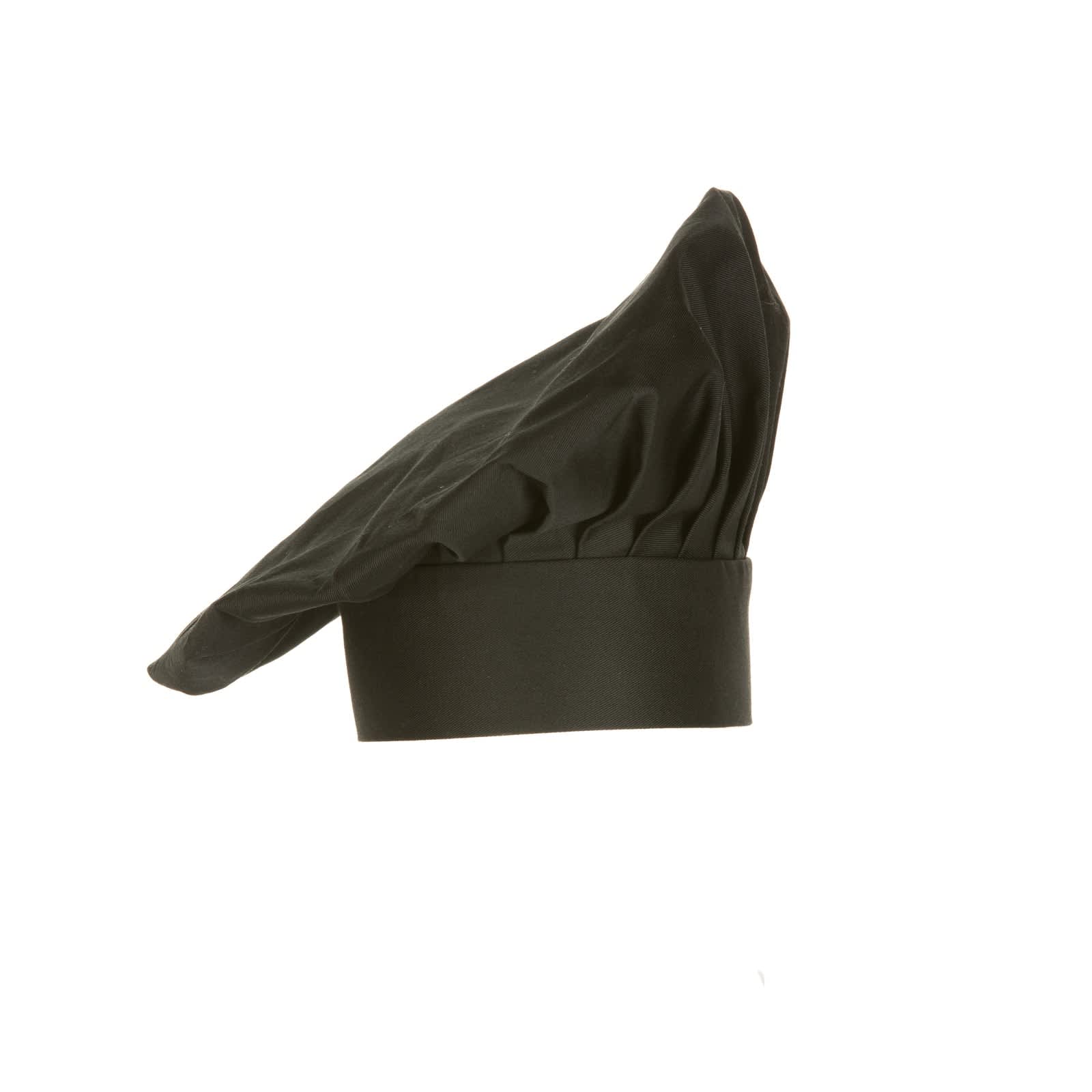 A black chef hat with a tall, pleated design and a solid band at the base. It features a logo on the band.