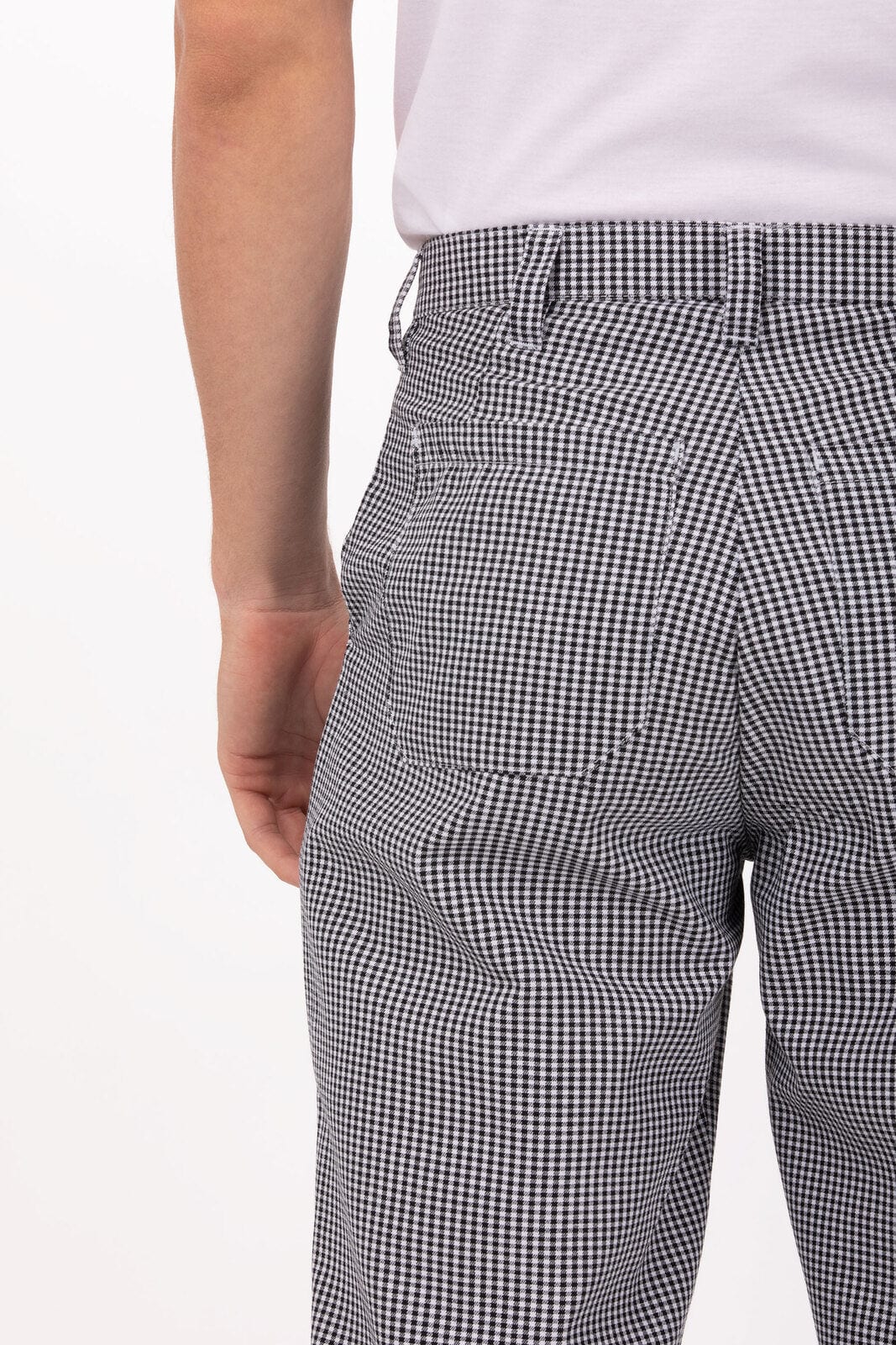 Men's chef pants in a black and white check pattern, featuring pockets and a tailored fit.