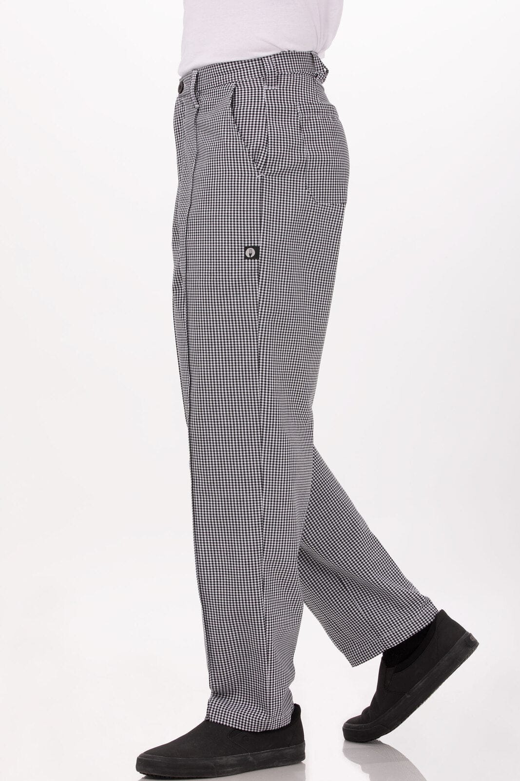 A pair of black and white checkered chef pants with a side pocket, displayed on a model.