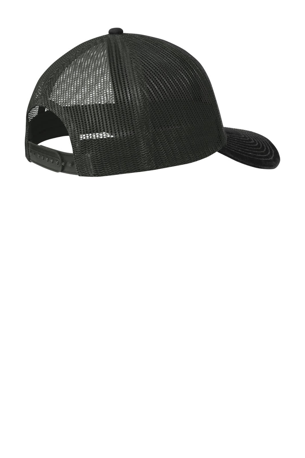 A black snapback trucker cap featuring a mesh back and an adjustable strap. It has a logo on the front.