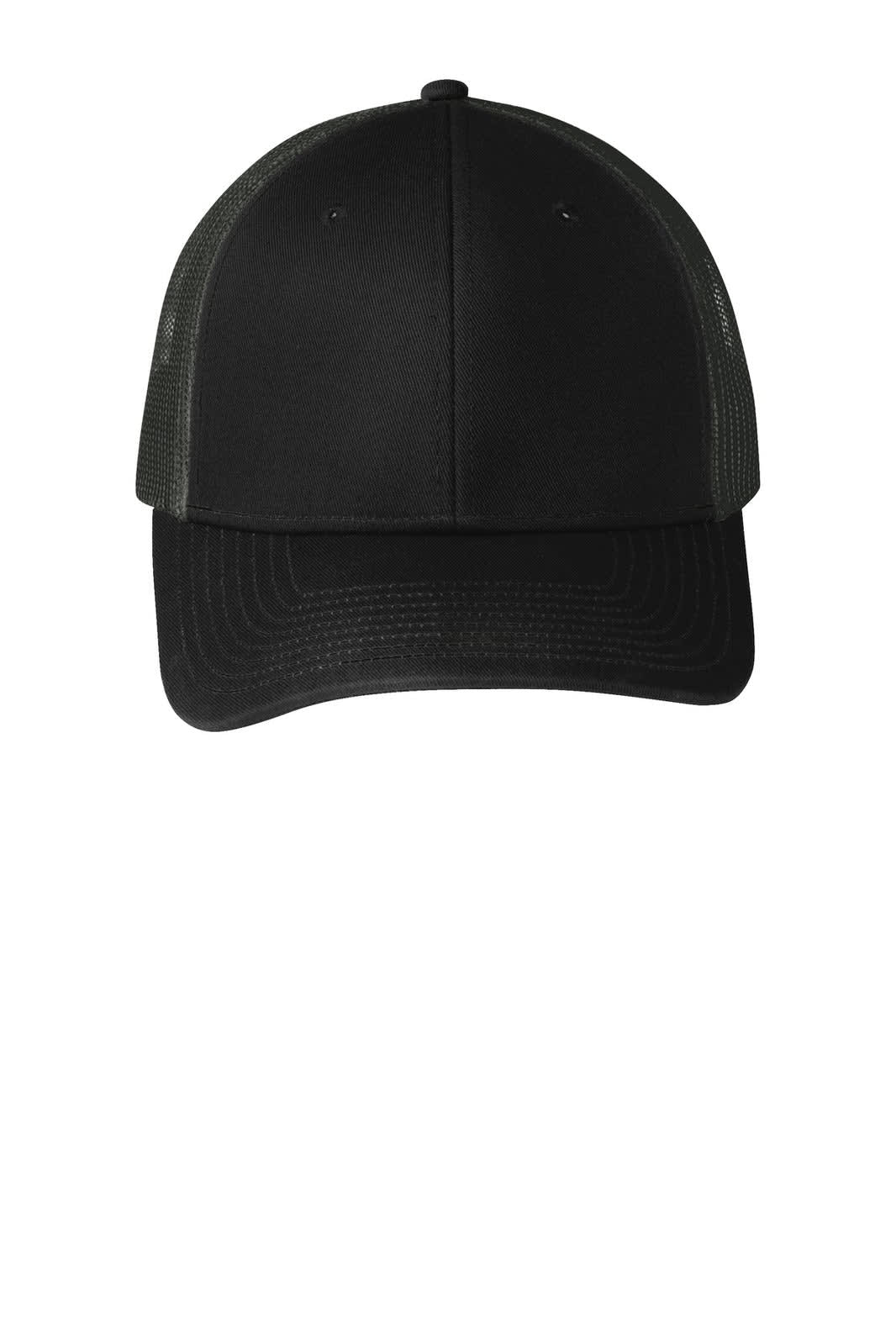 A black snapback trucker cap with a solid front panel and mesh sides, featuring a logo on the front.