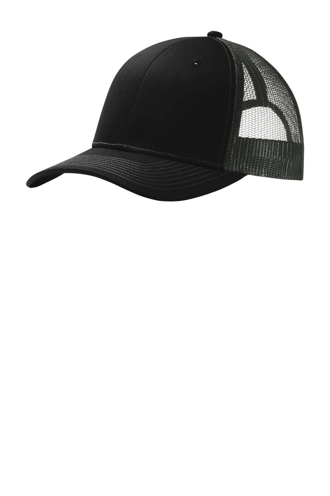 A black snapback trucker cap with a mesh back, featuring a subtle logo on the front panel.