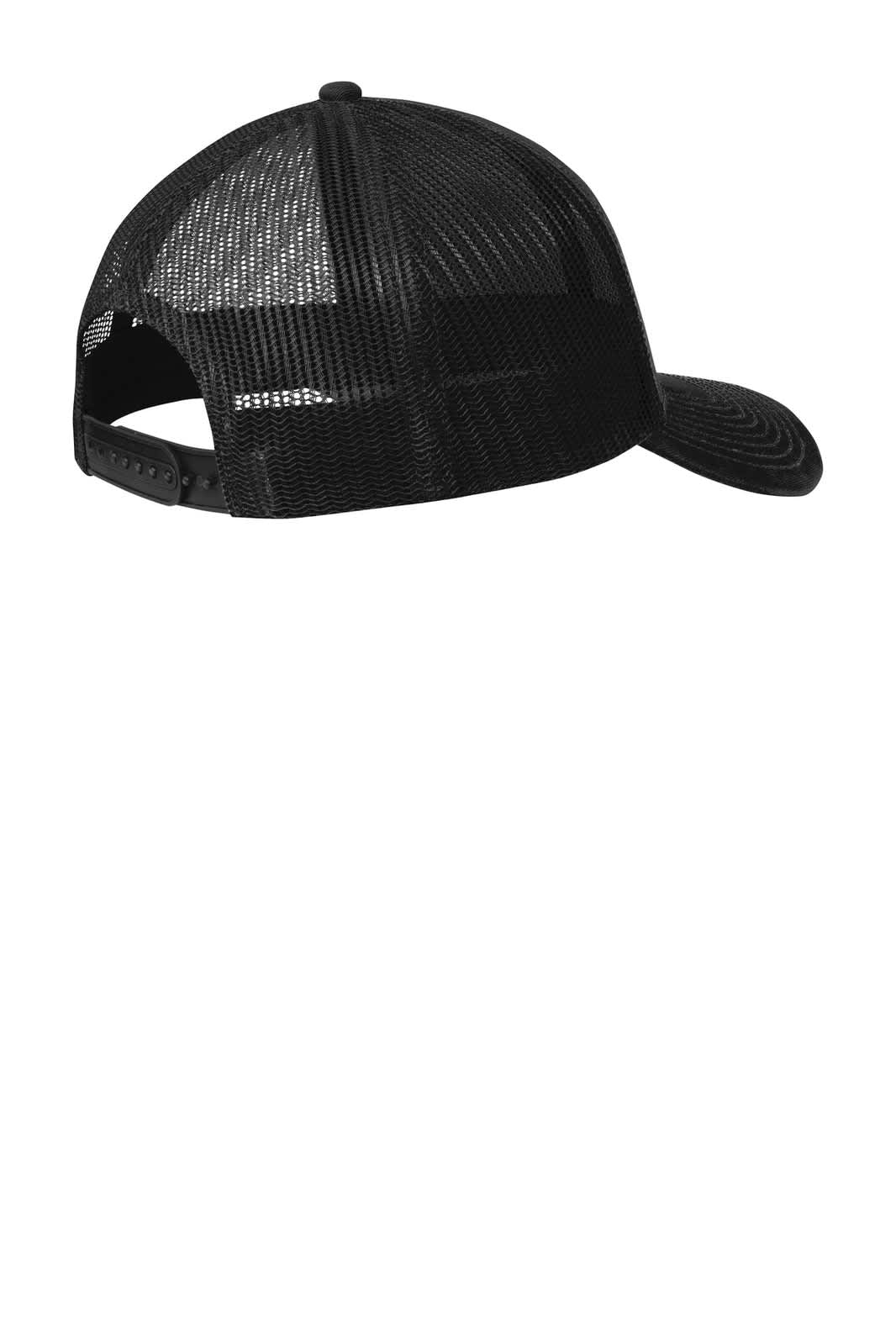 A black Port Authority Snapback Trucker Cap featuring a mesh back and an adjustable strap.
