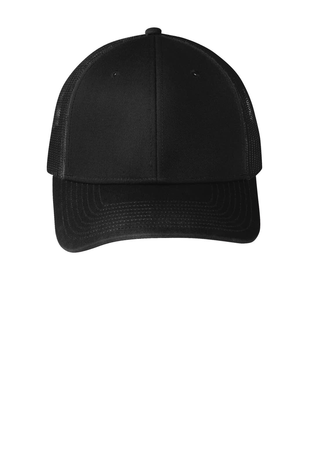 A black Port Authority Snapback Trucker Cap with mesh sides and a branded logo.