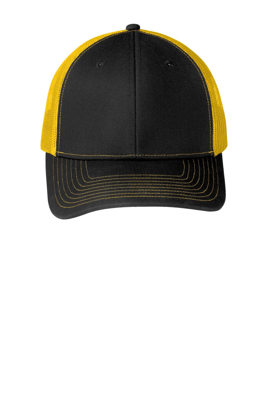 A black snapback trucker cap with yellow mesh sides and stitching. The cap features a logo on the front.