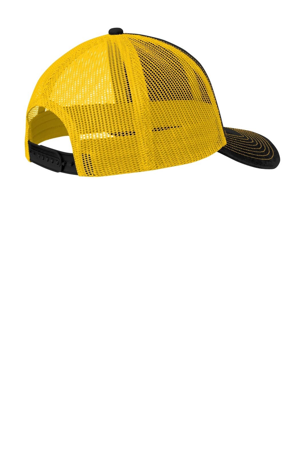 A yellow and black trucker cap with a woven mesh back and a curved brim. Features a logo on the front.