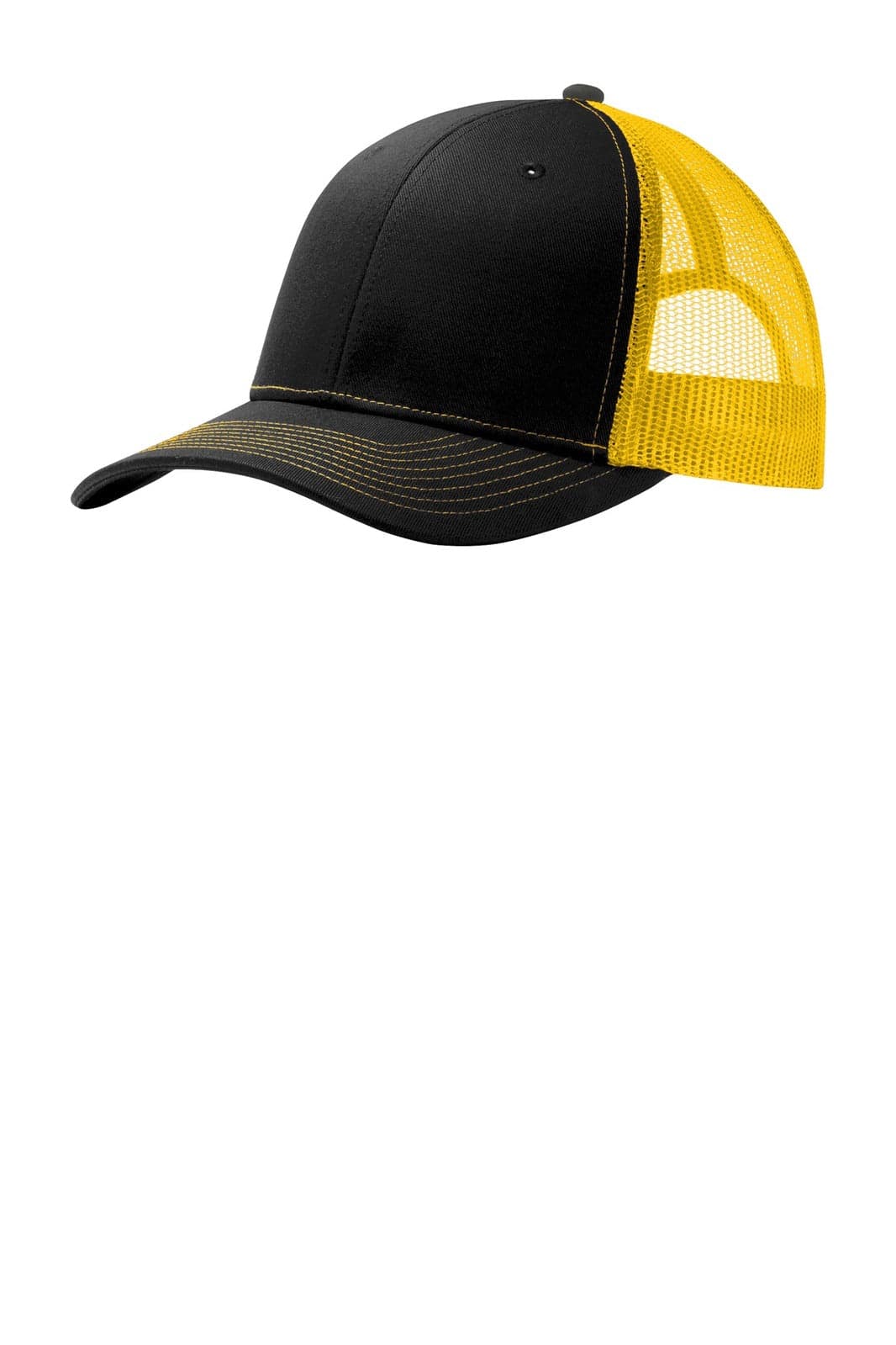 A black and yellow Port Authority Snapback Trucker Cap featuring a mesh back and a curved visor.