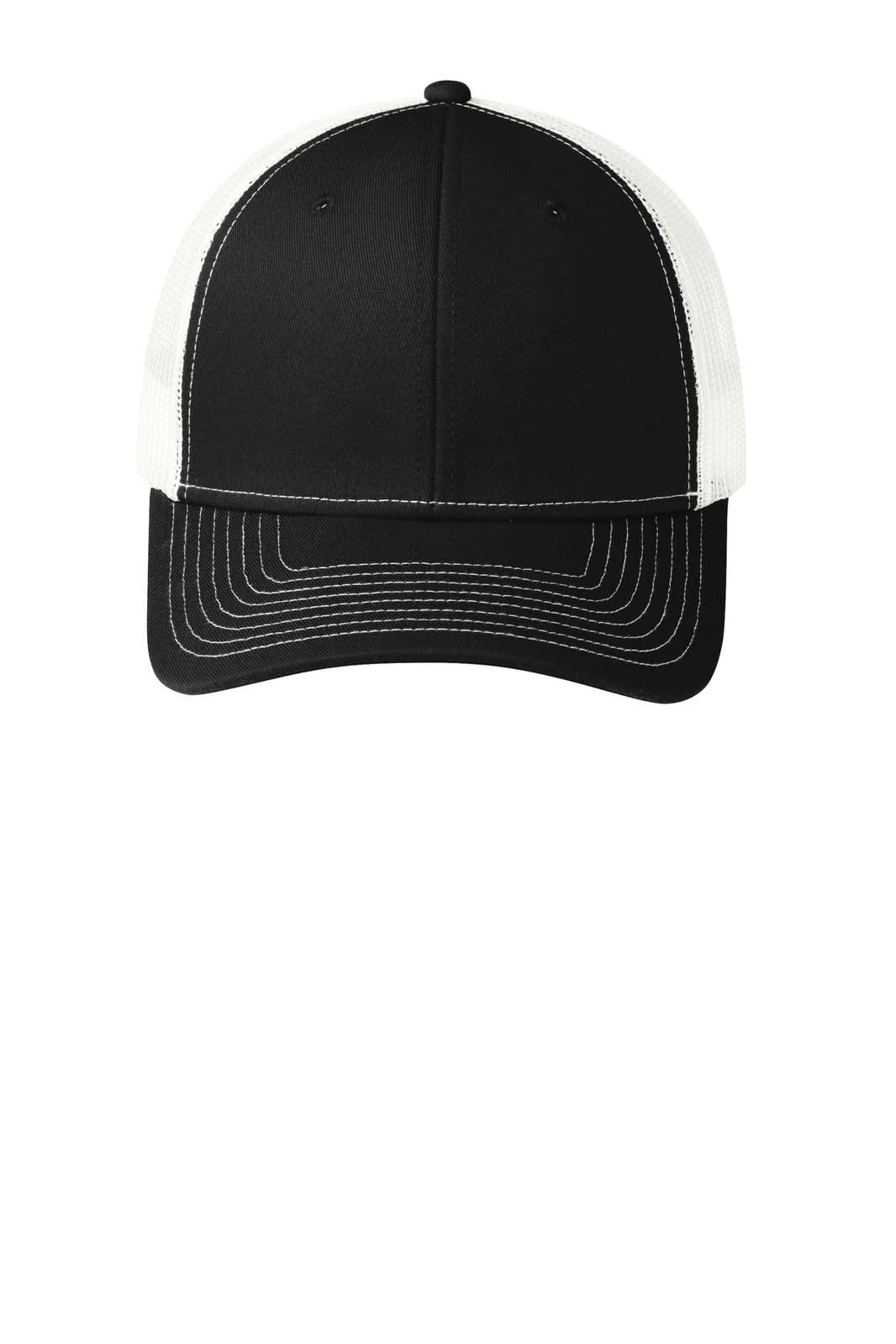 A black and white Port Authority Snapback Trucker Cap featuring a structured front and mesh back, with a logo.
