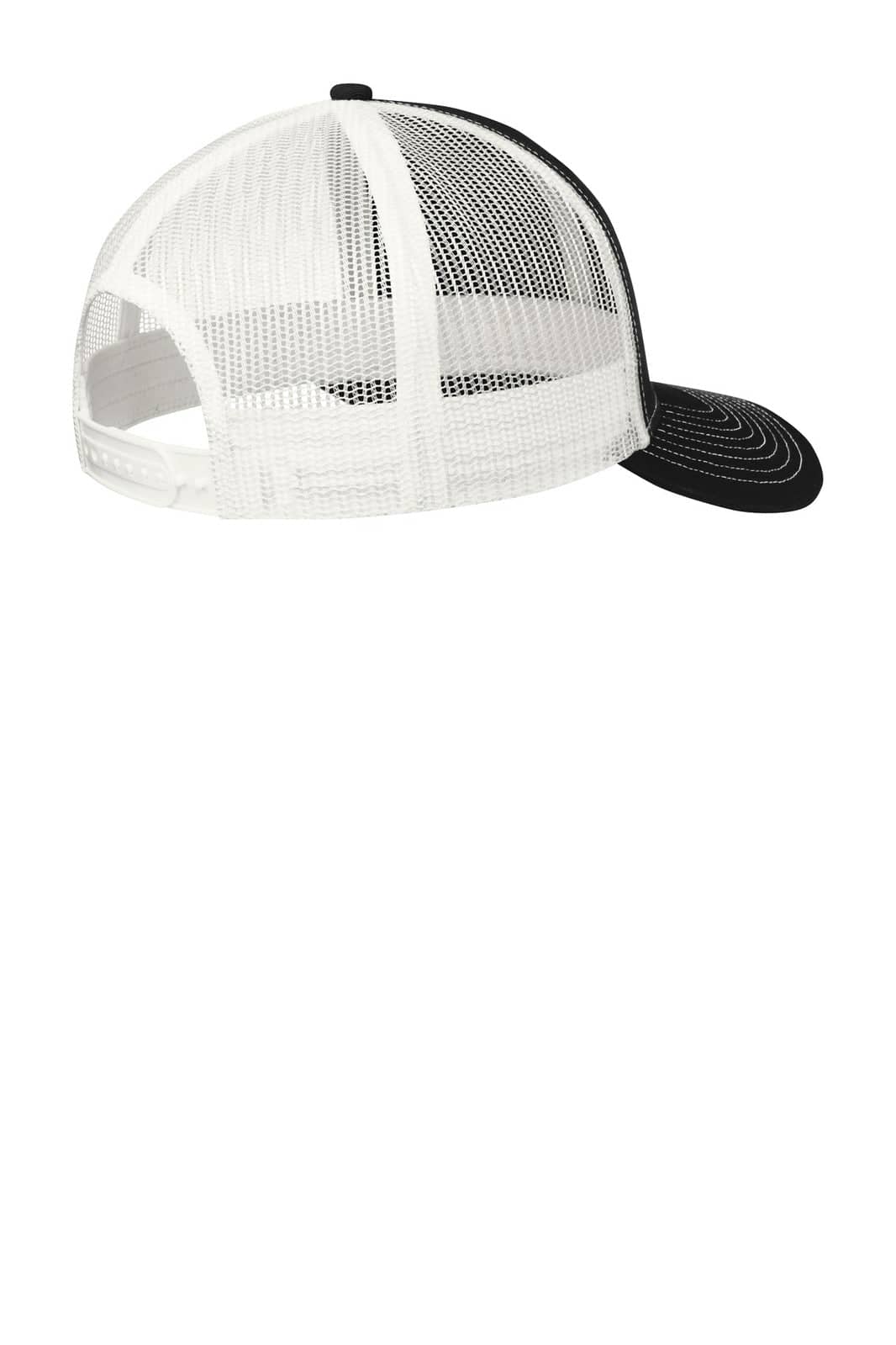 A black and white Port Authority Snapback Trucker Cap featuring a mesh back and solid front panel.