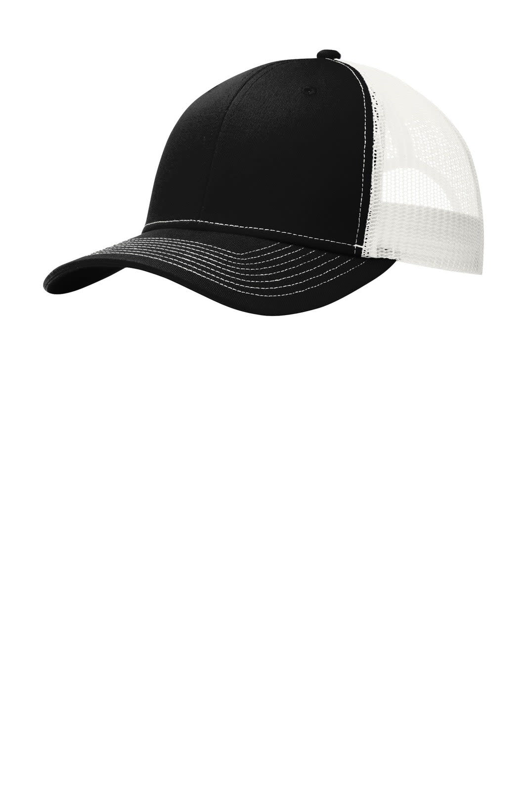 A black and white snapback trucker cap with a mesh back and a logo on the front.