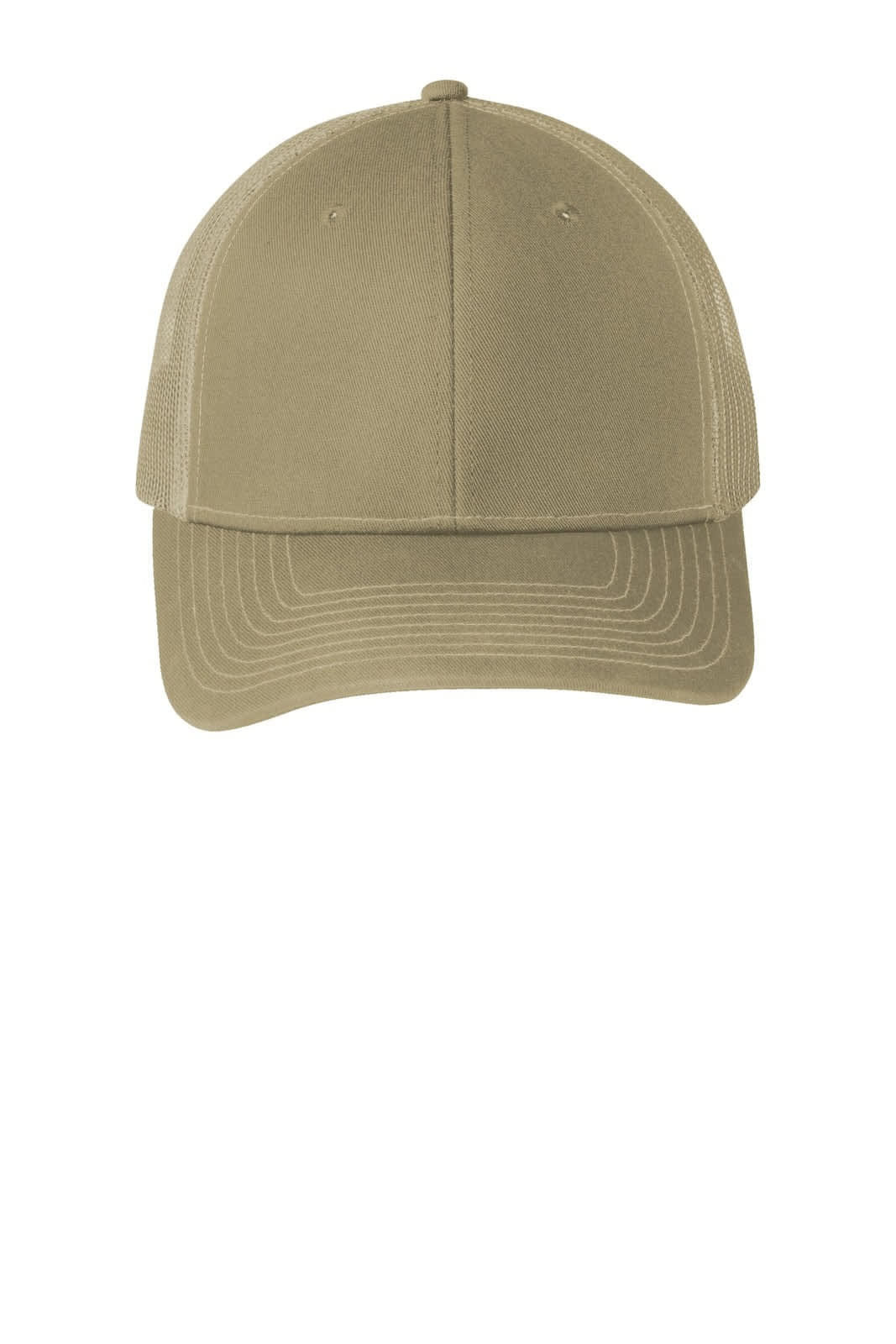 A beige trucker cap with a solid front panel and mesh sides, featuring a logo on the front.