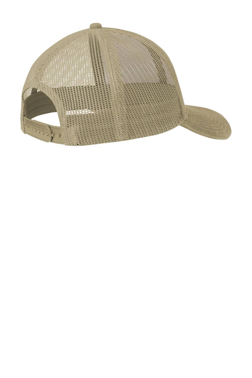 A beige trucker cap featuring a mesh back and a curved brim, complete with an adjustable strap and a logo.