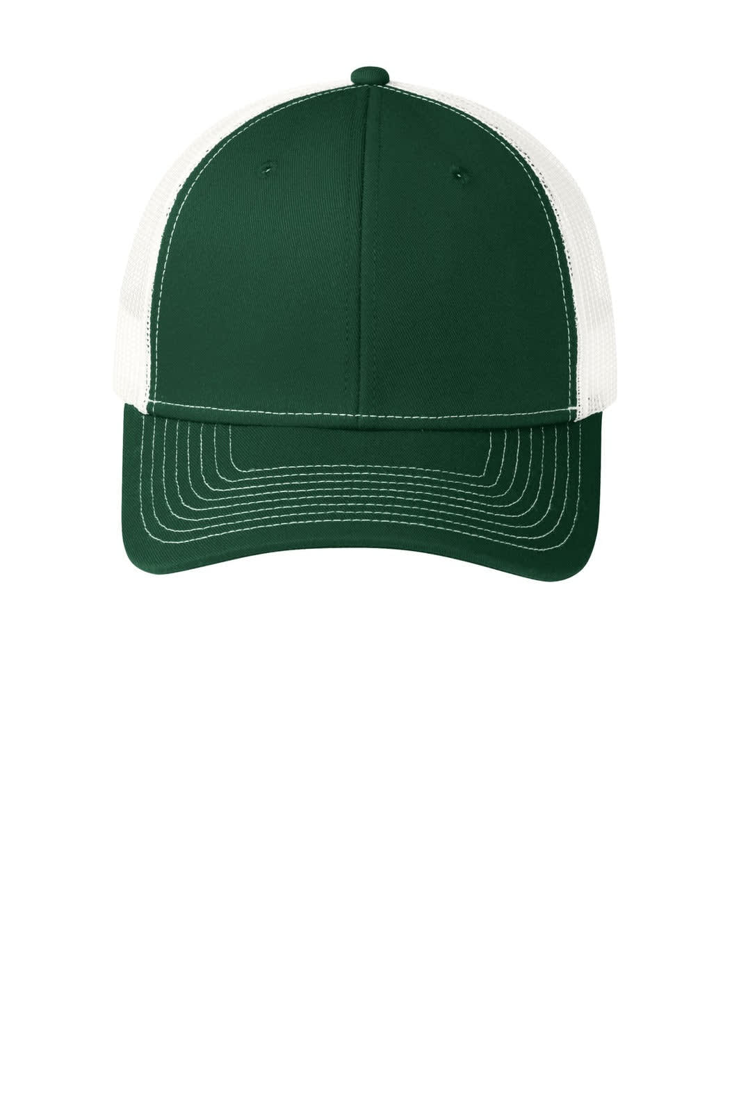 A green snapback trucker cap with a white mesh back and a curved brim, featuring a logo.