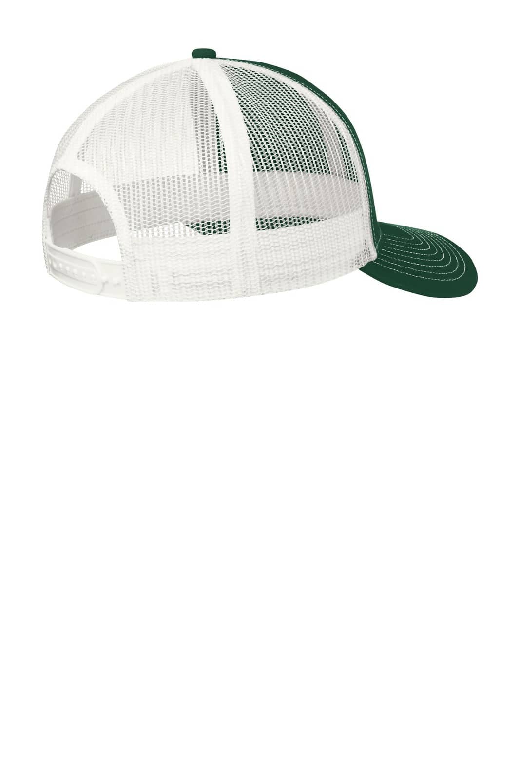 A green and white Port Authority Snapback Trucker Cap featuring a mesh design and adjustable back.