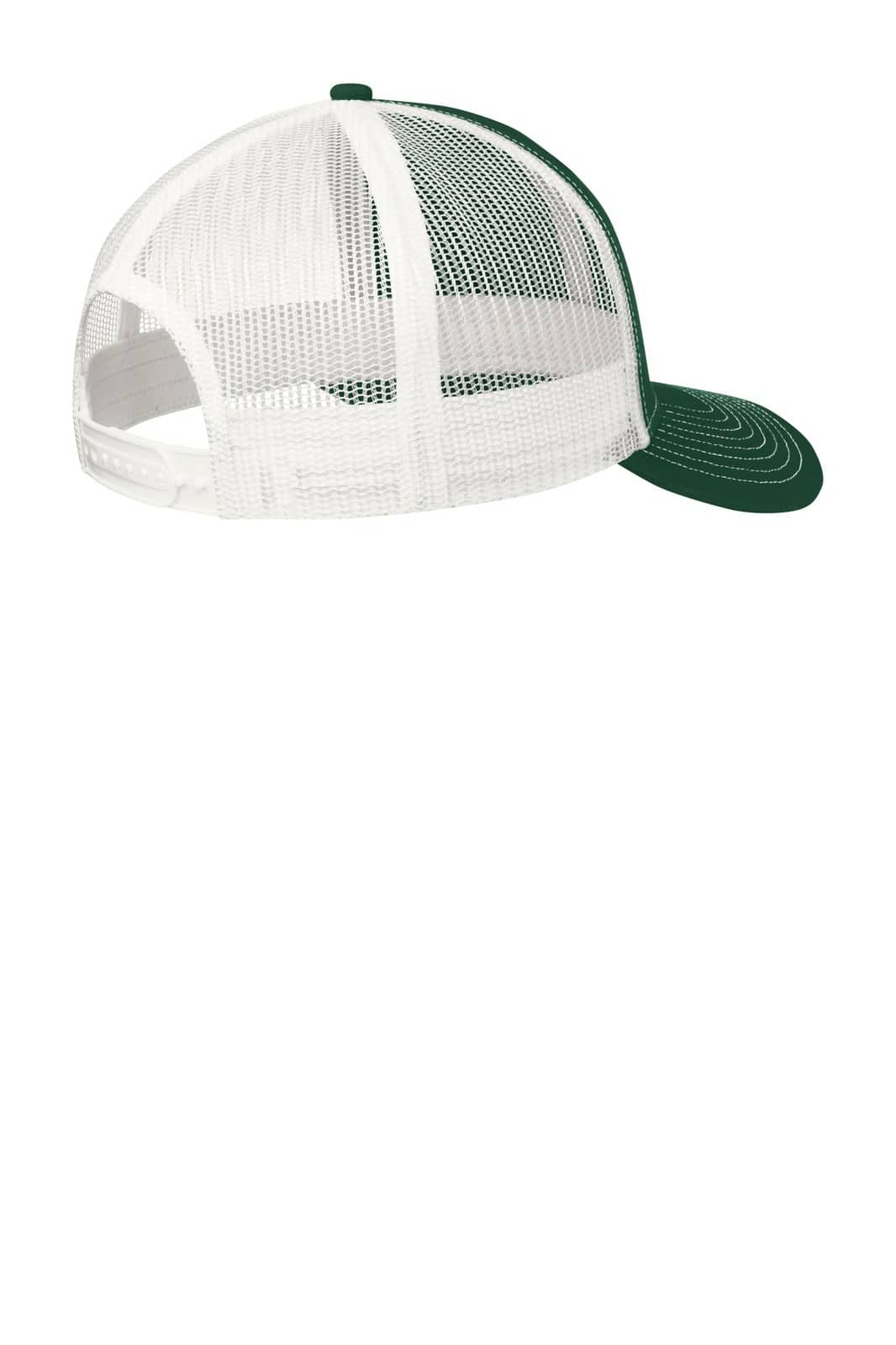 A green and white mesh-truck cap with a structured front and a curved brim, featuring a logo on the front.