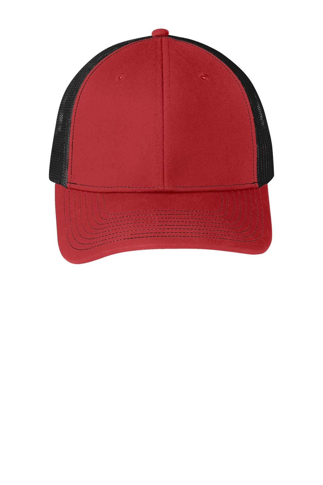 A red snapback trucker cap with a black mesh back and a curved brim. It features a logo on the front.