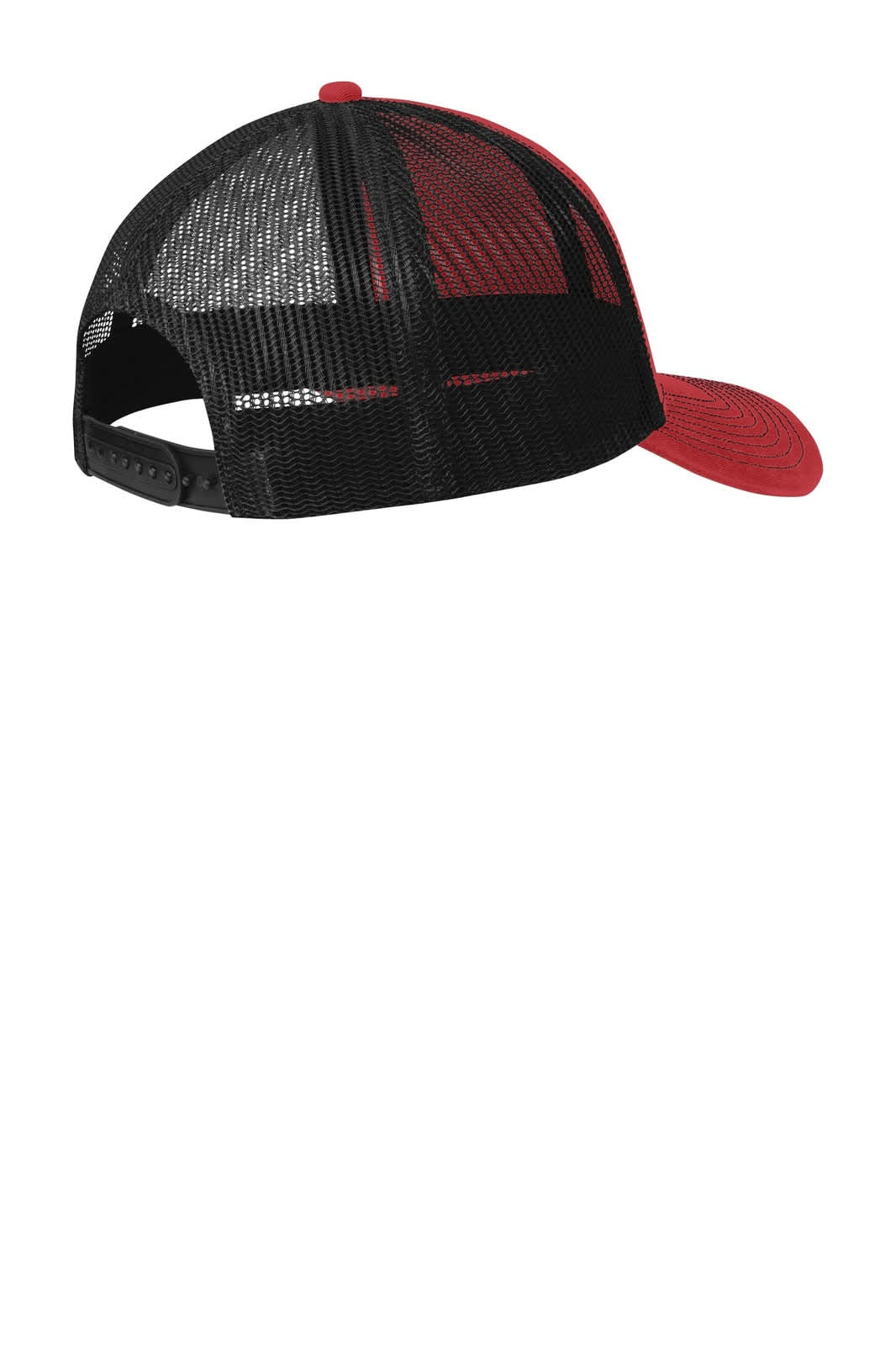 A black and red Port Authority Snapback Trucker Cap featuring a mesh back and an adjustable strap.