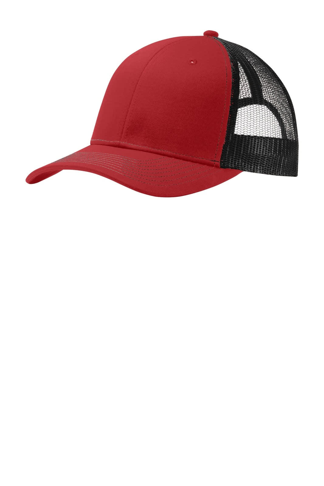 A red snapback trucker cap with a black mesh back and a curved brim, featuring a logo.