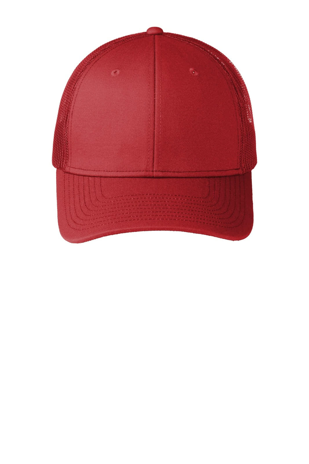 A red snapback trucker cap with a solid front panel and mesh sides. It features a logo on the front.