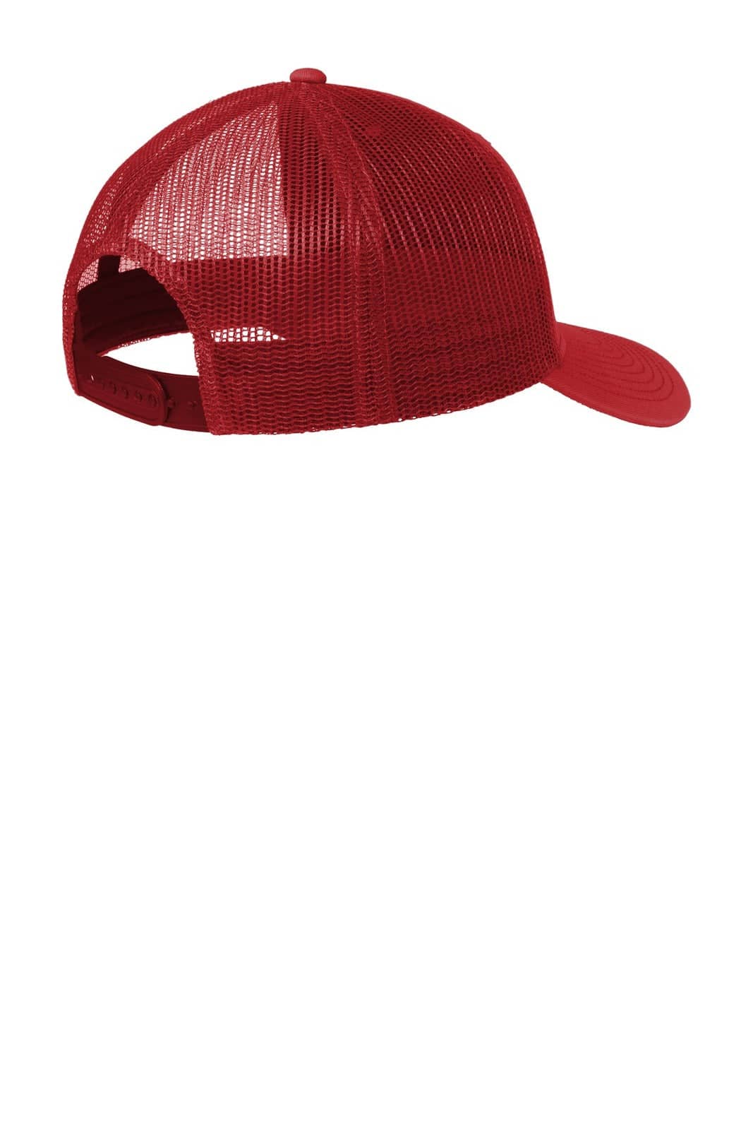 A red trucker cap featuring a mesh back and a flat brim, with a logo on the front.