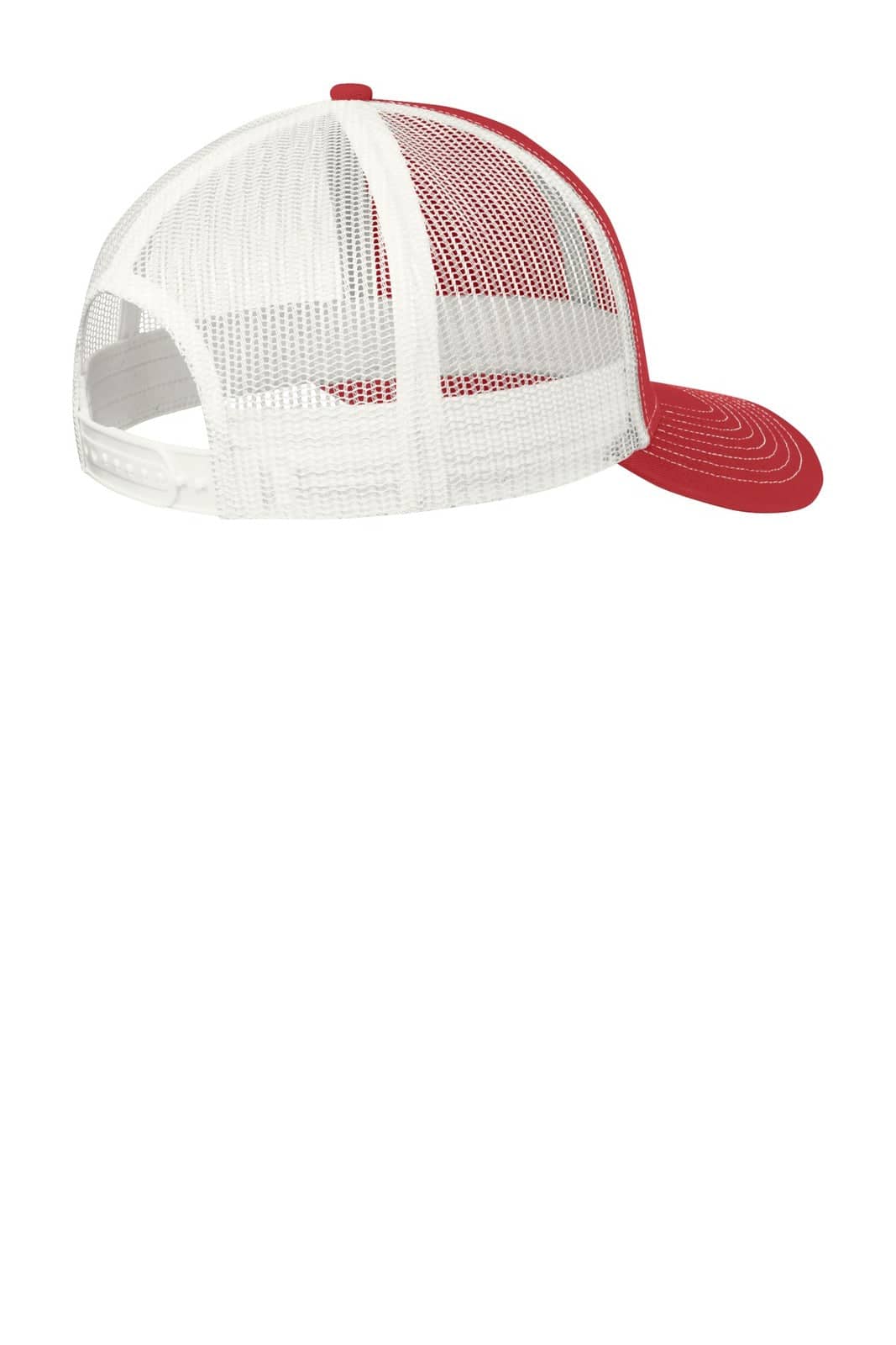 A red and white Port Authority snapback trucker cap featuring a mesh back and a curved peak. It has a logo on the side.
