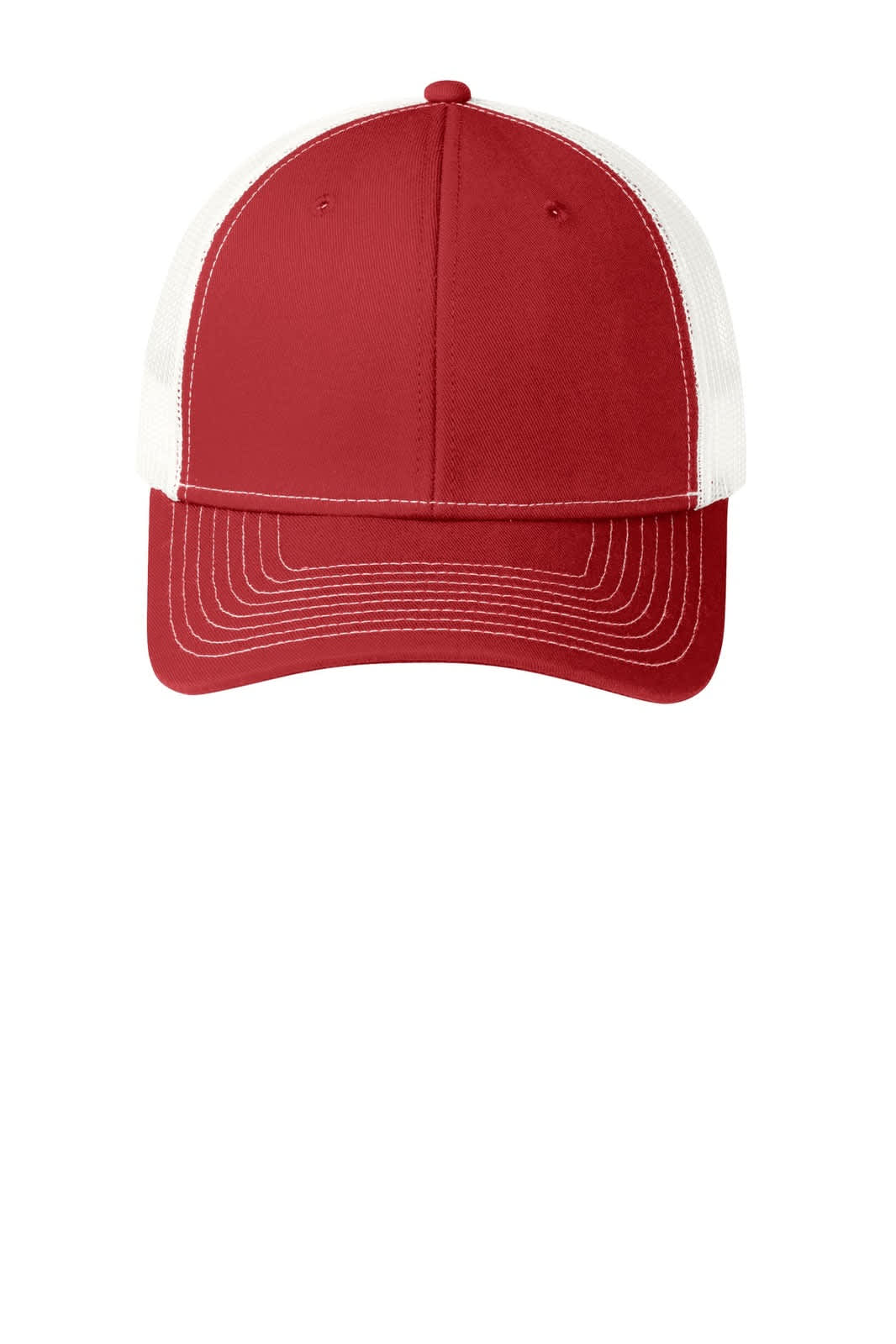 A red trucker cap with a white mesh back and a front panel featuring stitching details and a logo.