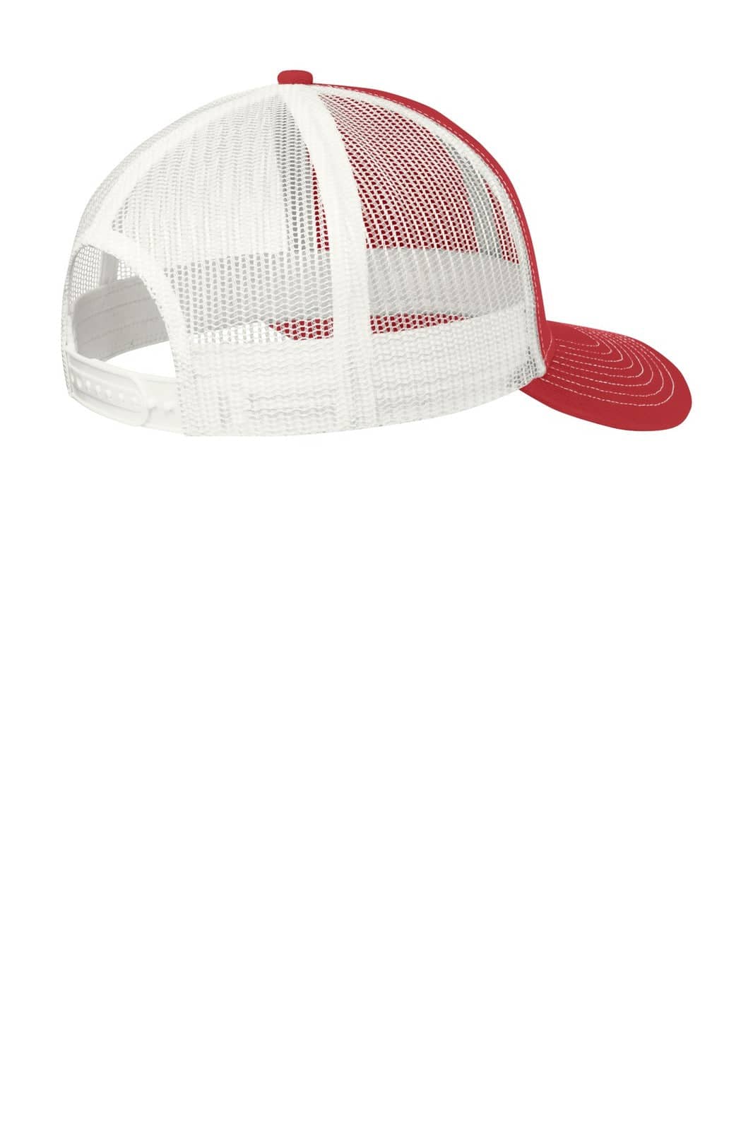 A red and white Port Authority Snapback Trucker Cap featuring mesh sides and a slightly curved brim, with a logo on the back.