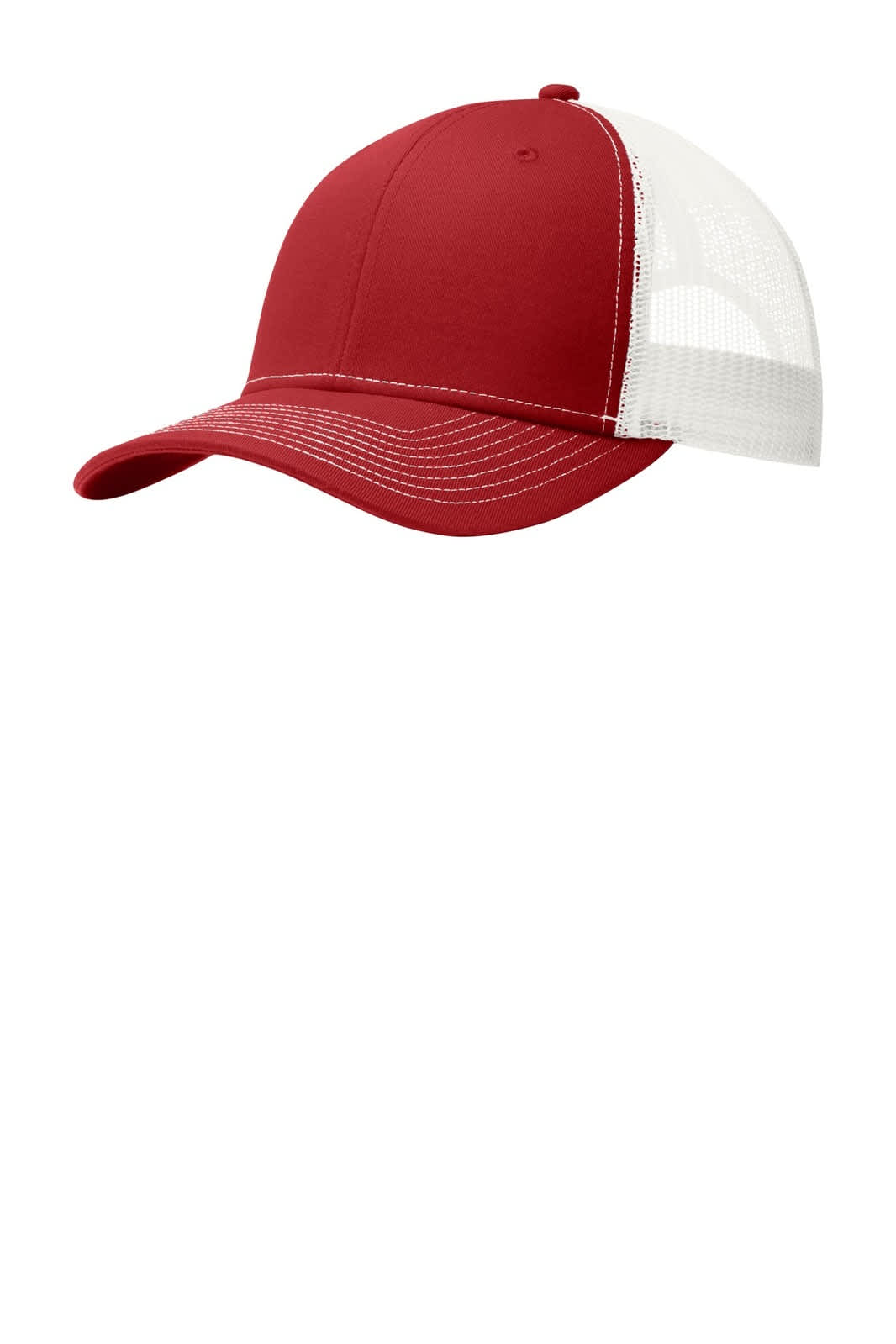 A red snapback trucker cap with a white mesh back and contrasting stitching. It features a logo on the front.