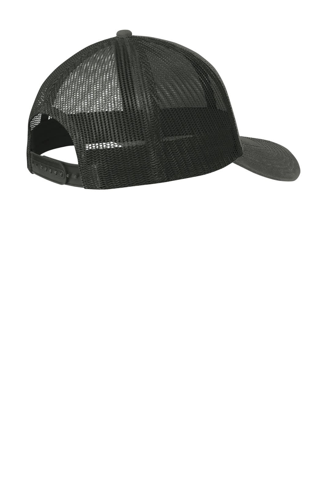 A black Port Authority Snapback Trucker Cap featuring a mesh design and a curved brim, with an adjustable strap.
