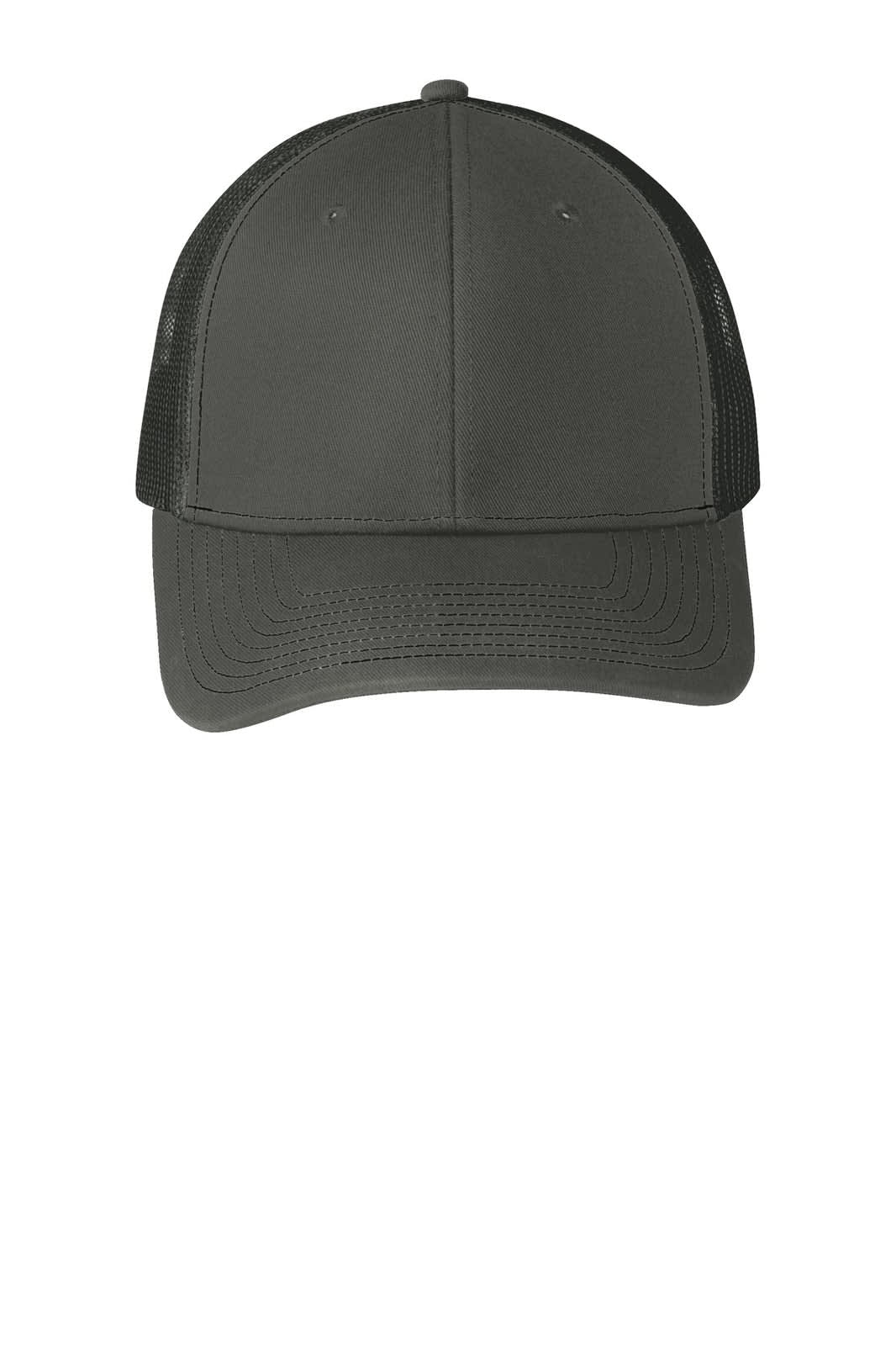 A grey Port Authority snapback trucker cap with a mesh back and curved brim, featuring a logo on the front.