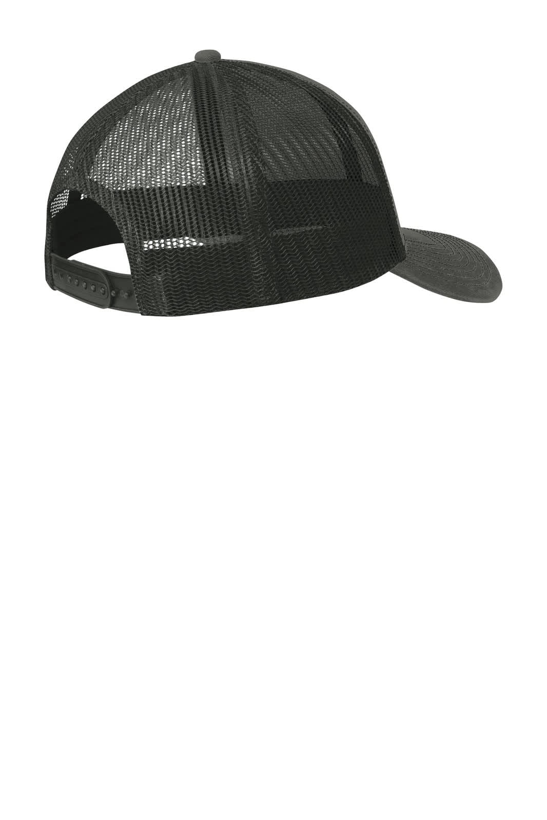 A black Port Authority Snapback Trucker Cap with a mesh back and a curved visor, featuring a logo.
