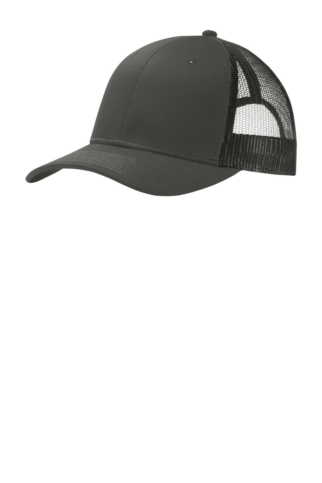 A dark grey trucker cap with a mesh back, featuring a curved brim and an adjustable snapback closure.