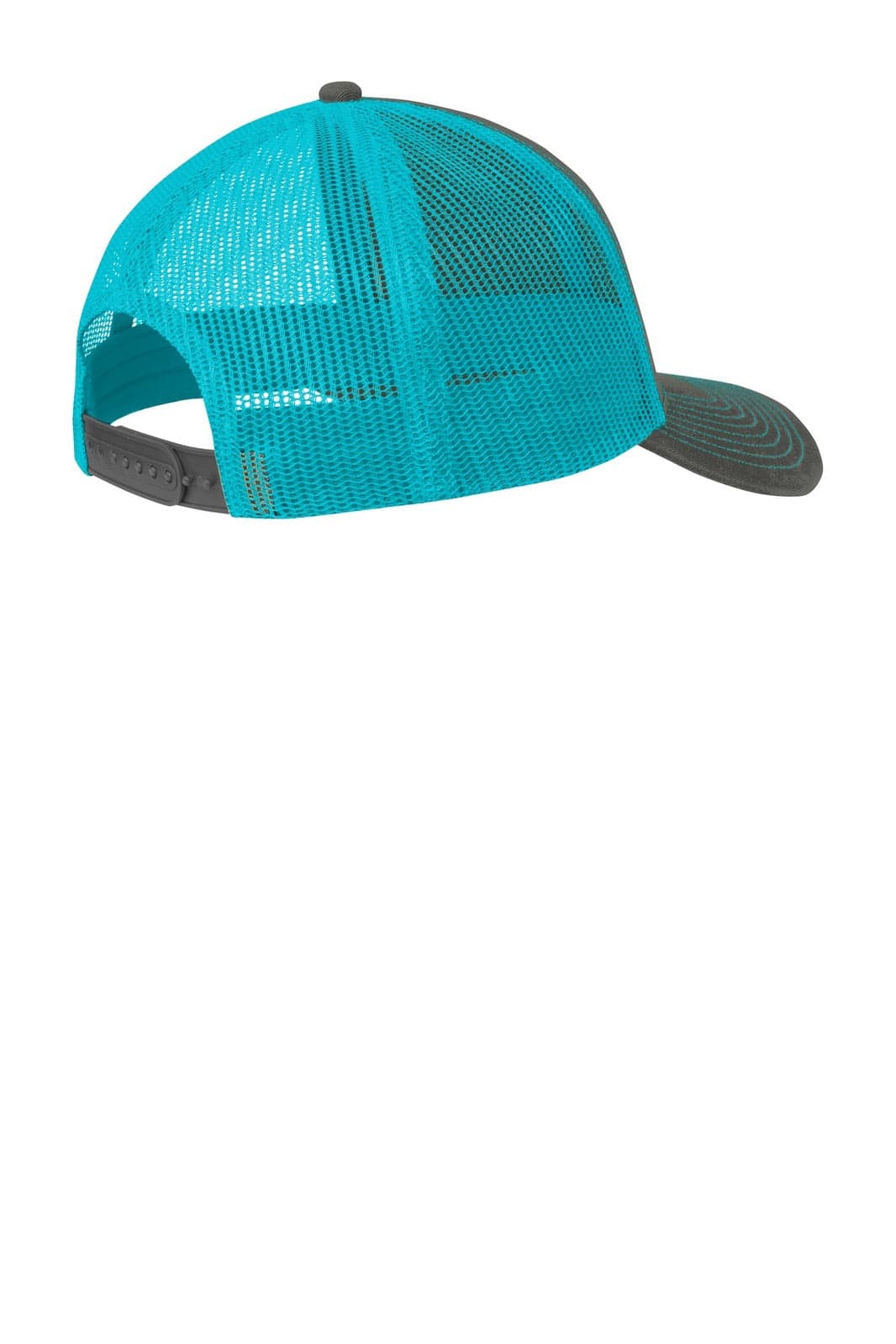 A turquoise and grey Port Authority Snapback Trucker Cap featuring a mesh back and adjustable strap.