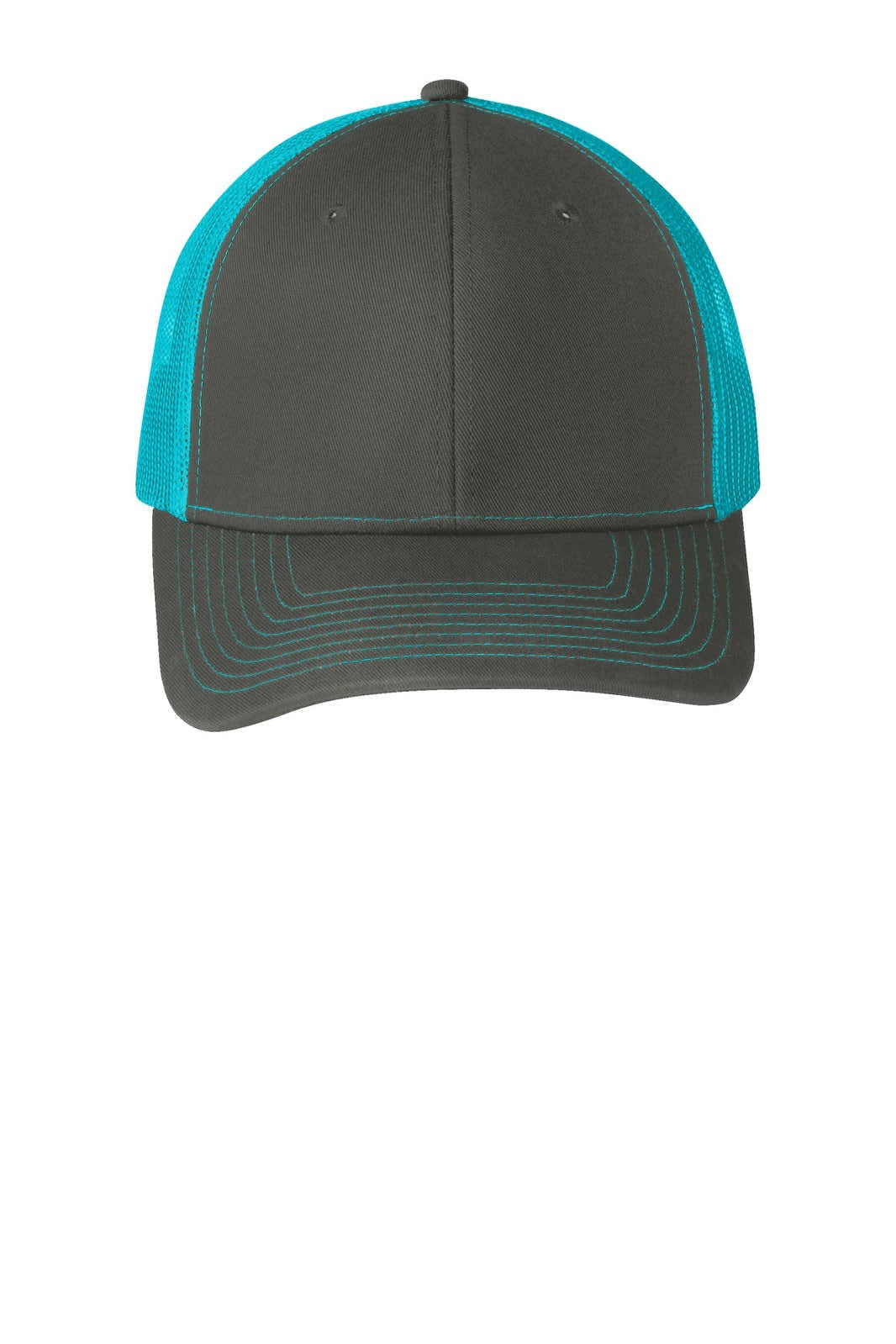A grey trucker cap with turquoise mesh panels and a curved brim, featuring an unmarked front.