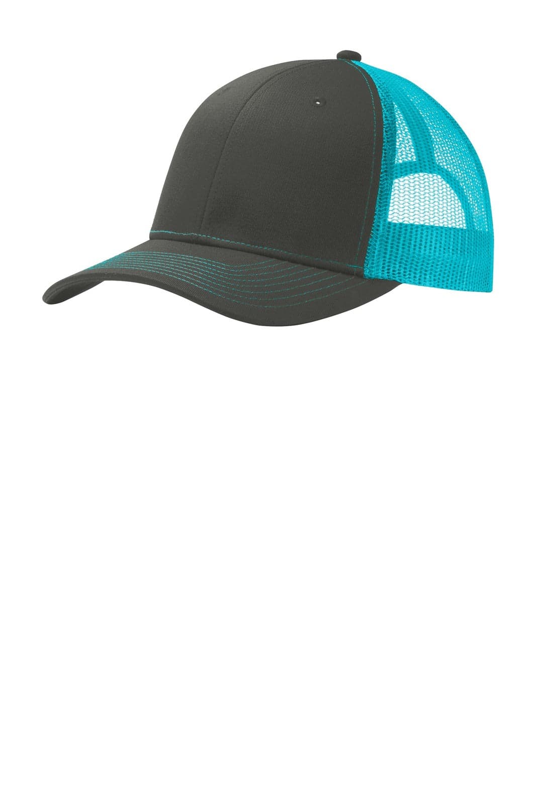 A black and turquoise Port Authority Snapback Trucker Cap with a mesh back and a logo.