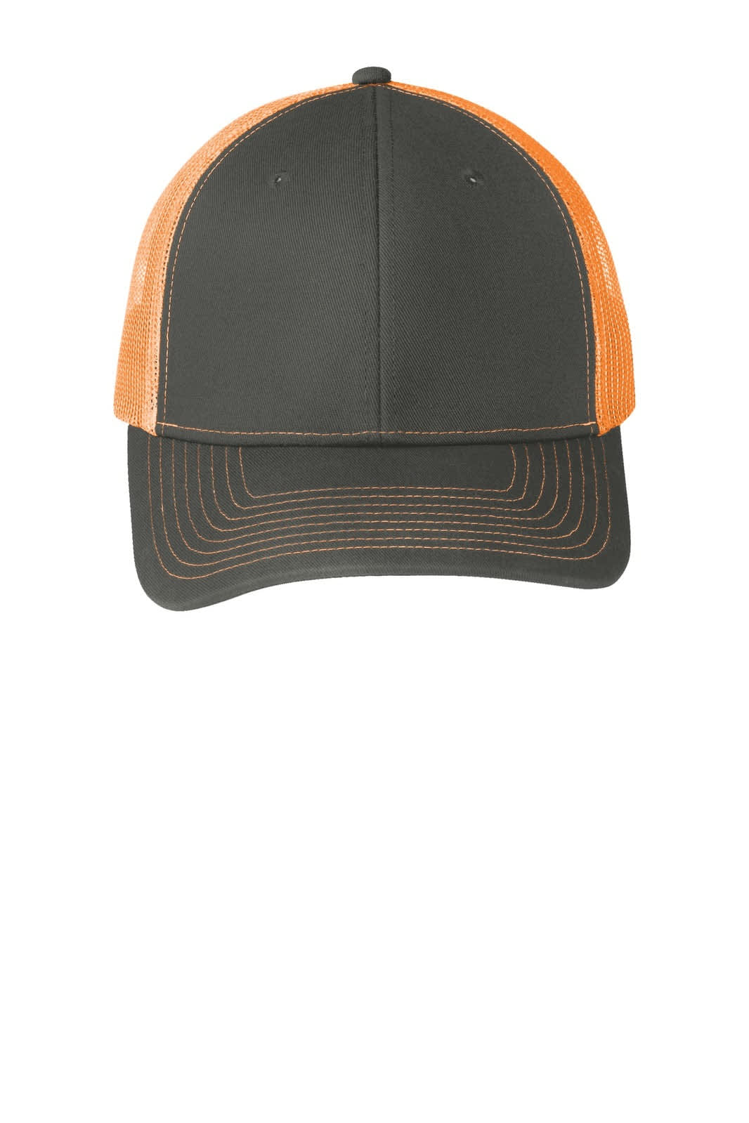 A grey trucker cap with an orange mesh back, featuring a logo on the front.