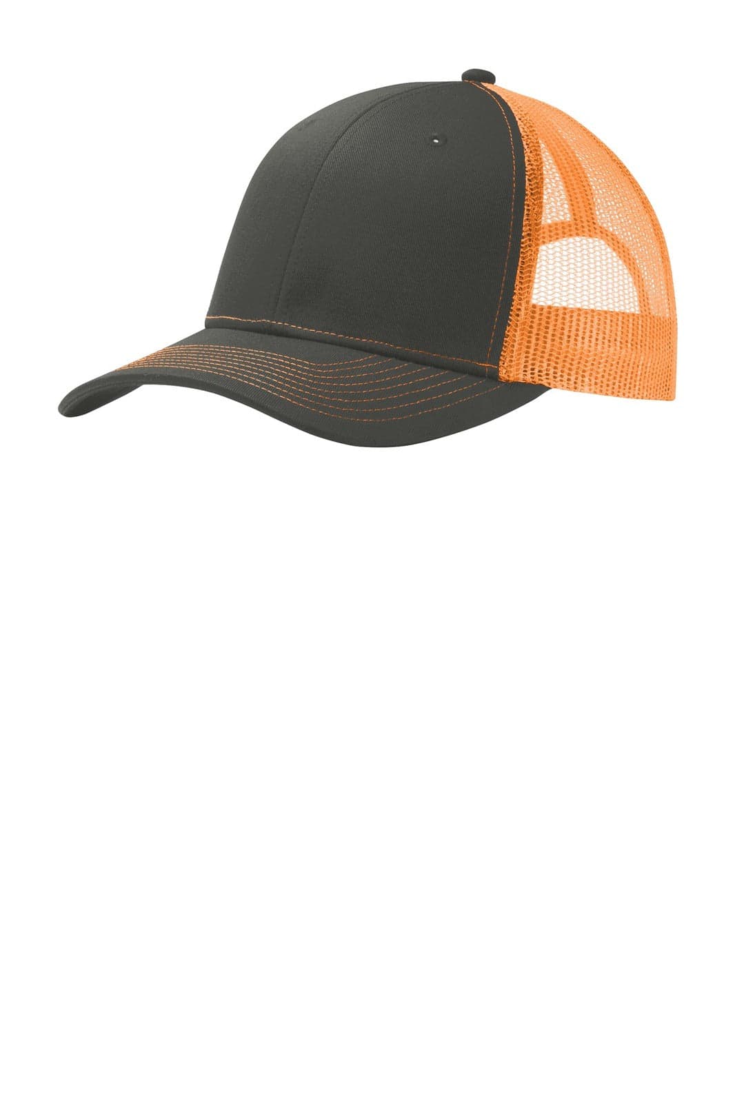 A black and orange Port Authority Snapback Trucker Cap featuring a solid front and mesh back with a logo.