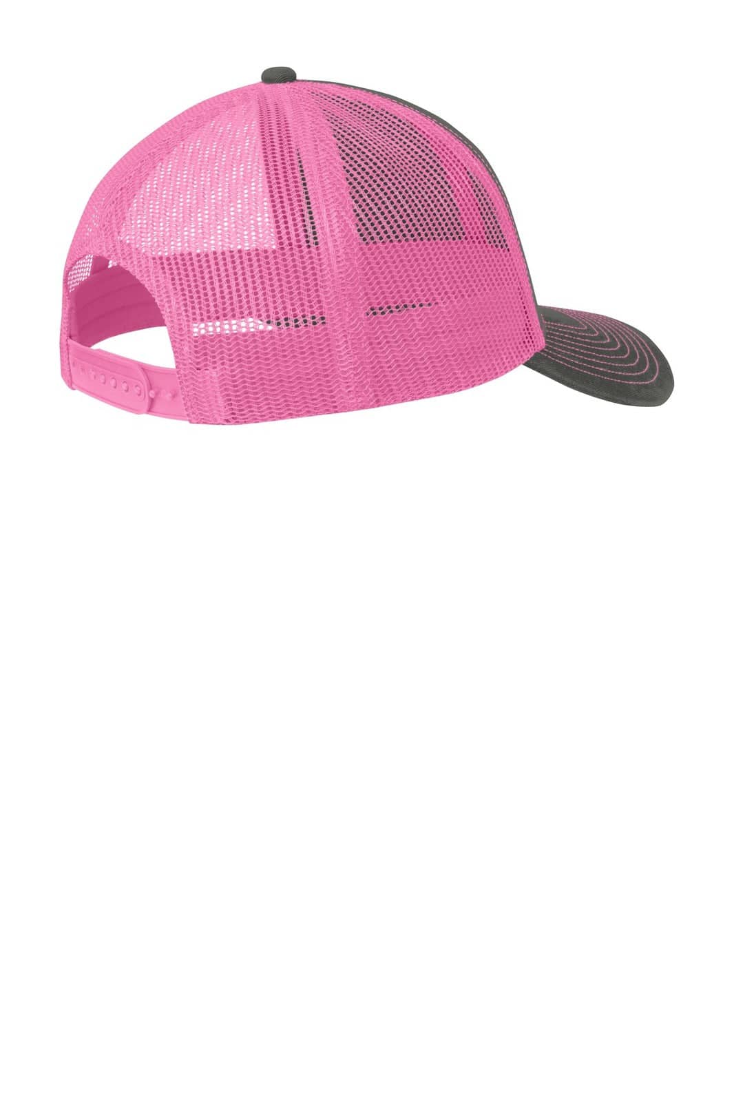 A pink and grey Port Authority Snapback Trucker Cap with a mesh back and a solid front, featuring a logo.