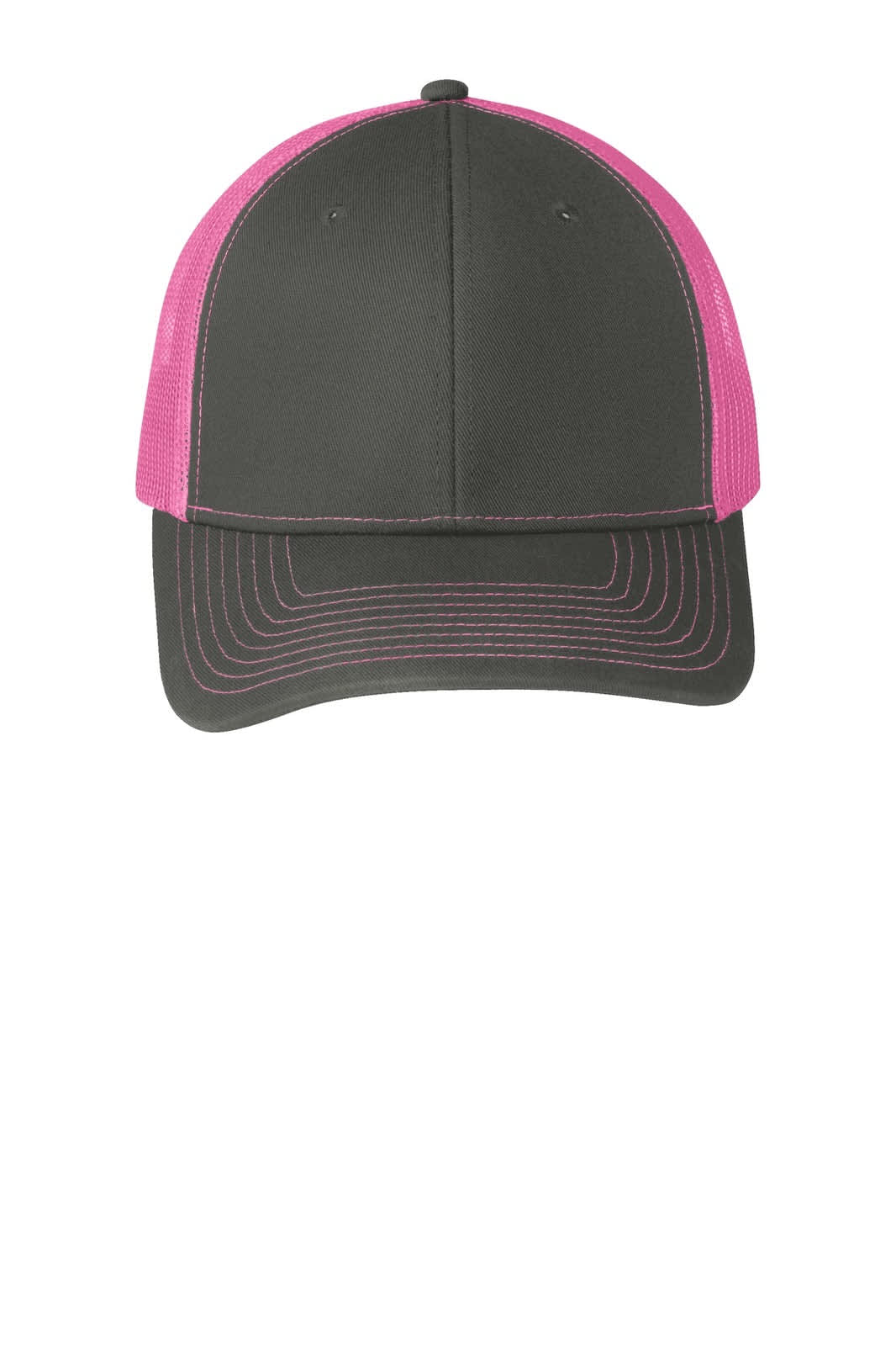 A trucker cap featuring a black front and vivid pink mesh back, with contrasting stitching details.