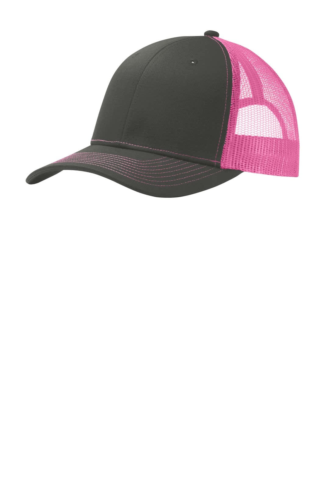 A black and pink Port Authority Snapback Trucker Cap featuring a mesh back and a curved brim.