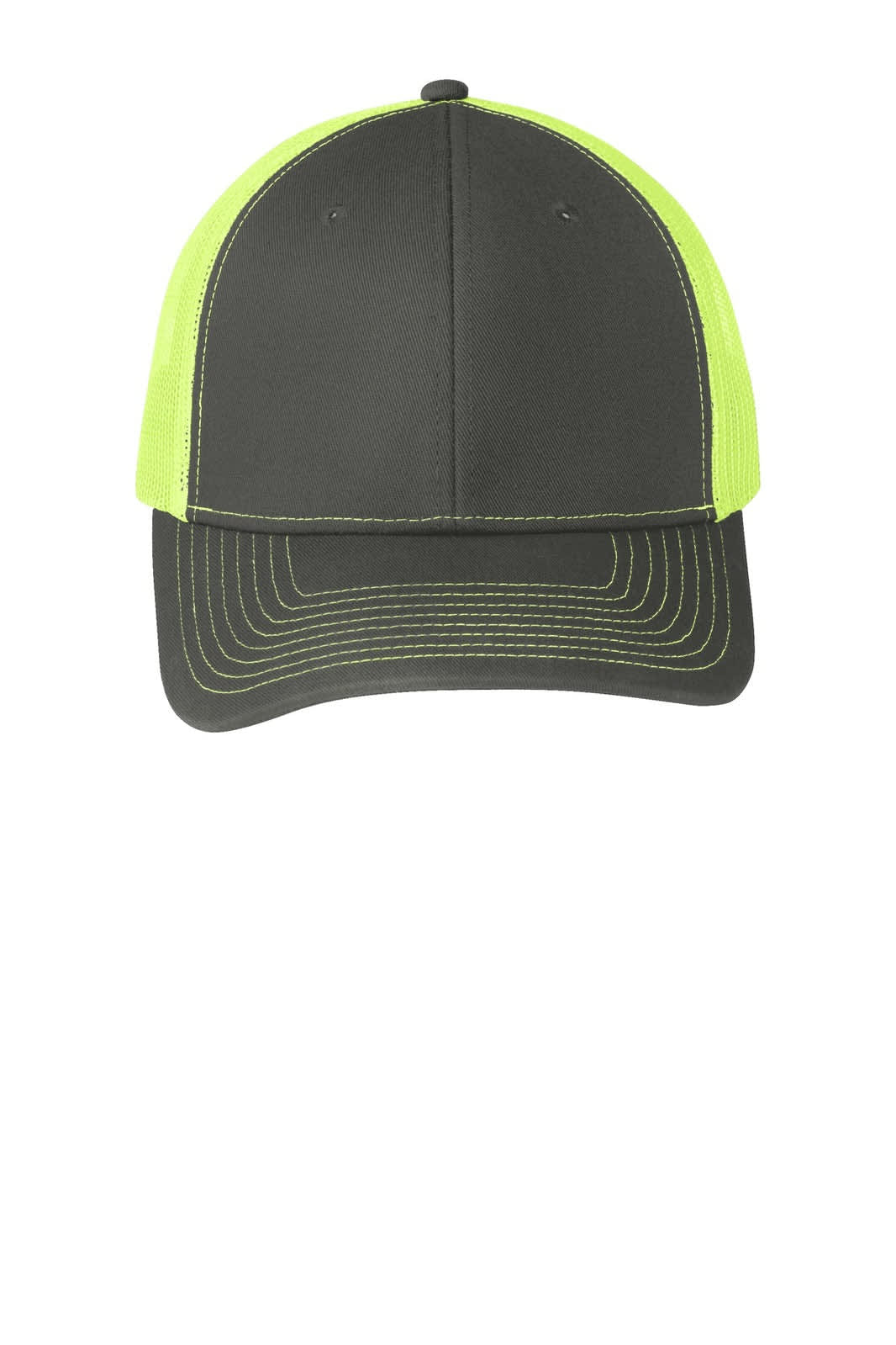 A grey and neon green trucker cap featuring mesh side panels and a structured front. It has a logo on the front.