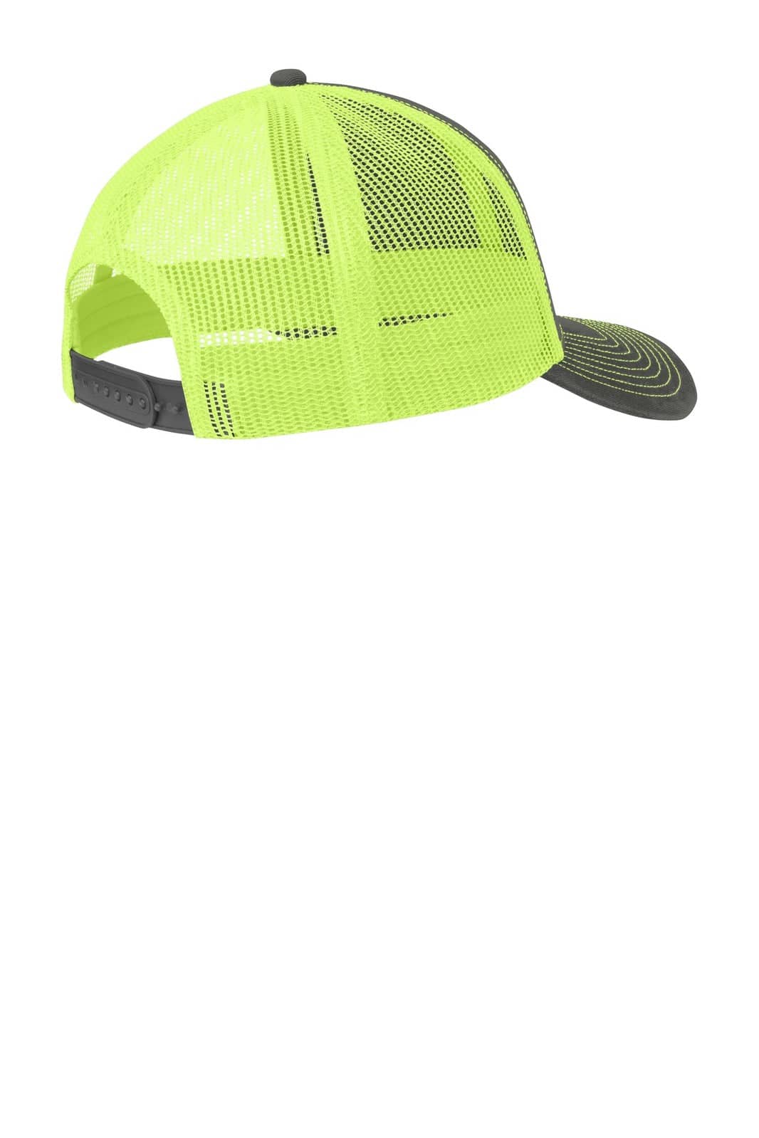 A neon yellow trucker cap with a grey underside of the visor and mesh back. It features a brand logo.