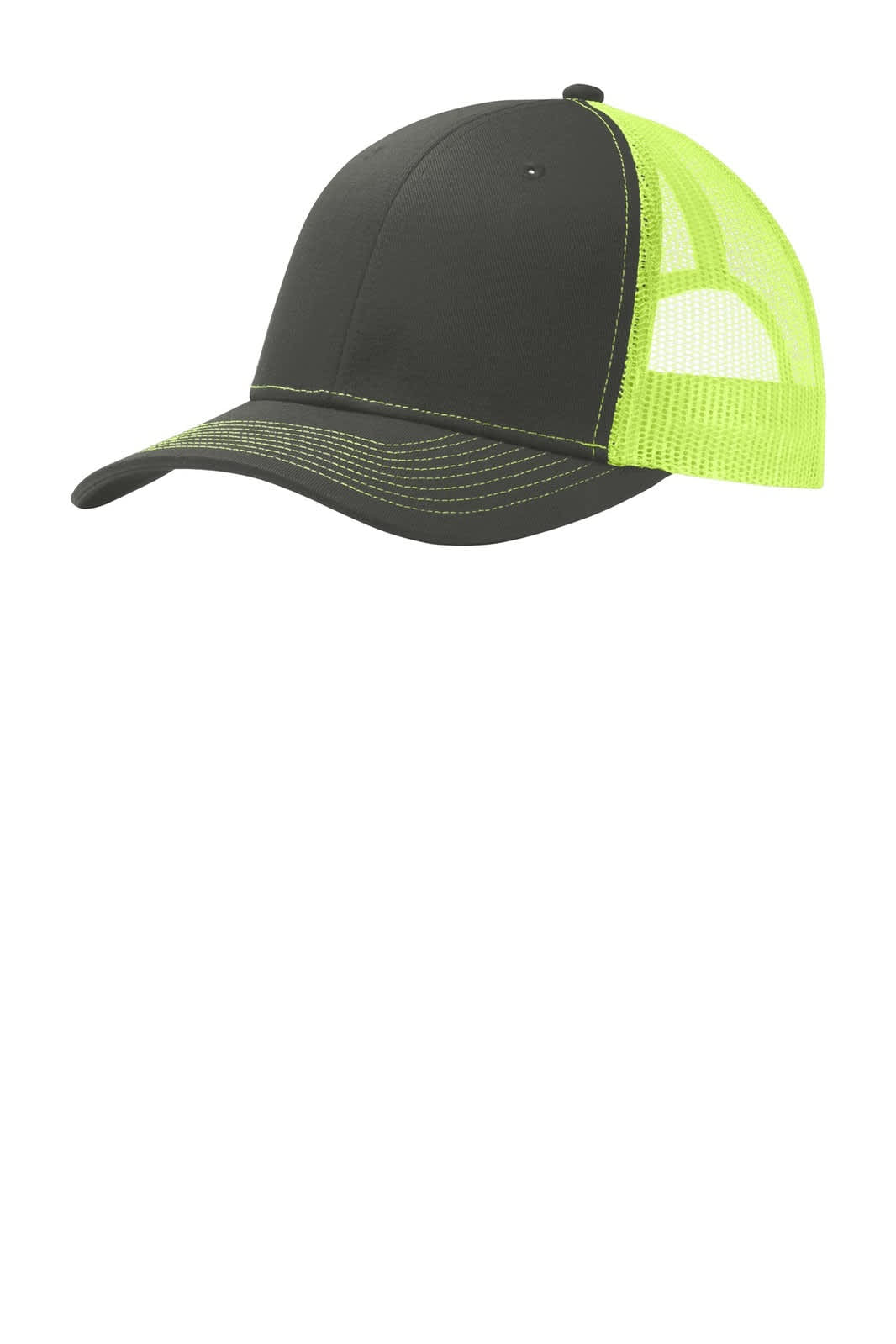 A black and neon green trucker cap featuring a mesh back and a logo.